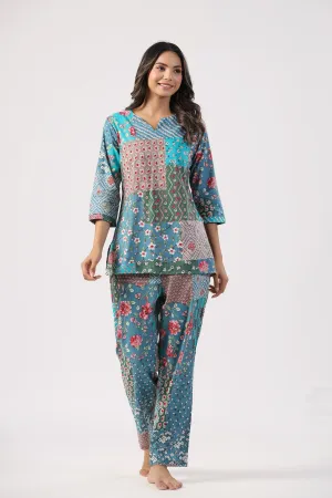 Artistic Bloom Cotton Loungewear Top Set