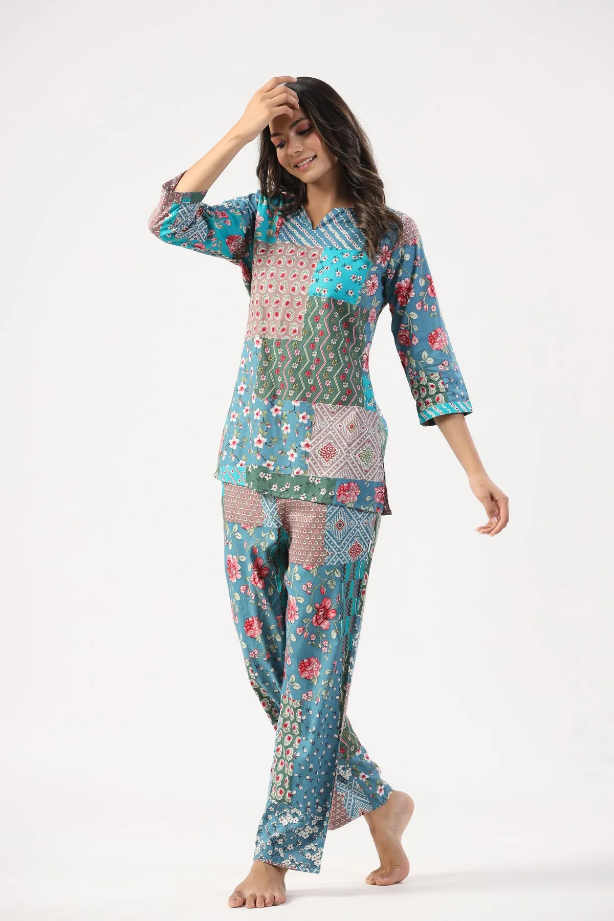 Artistic Bloom Cotton Loungewear Top Set