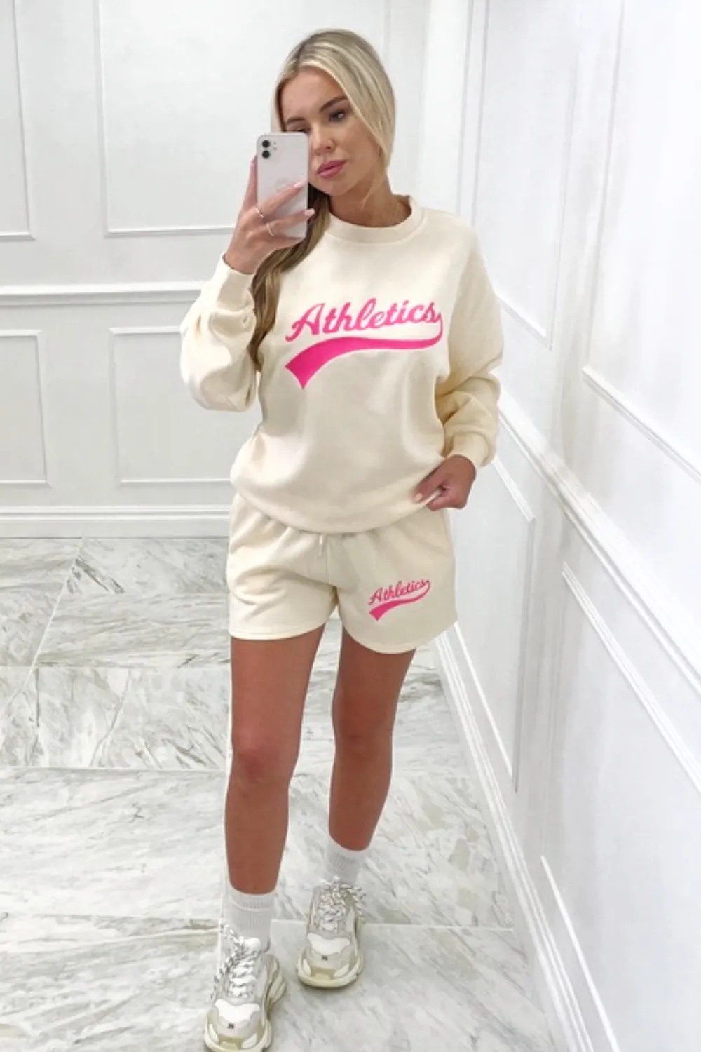 athletics hot pink embroidered ecru sweater short loungewear set