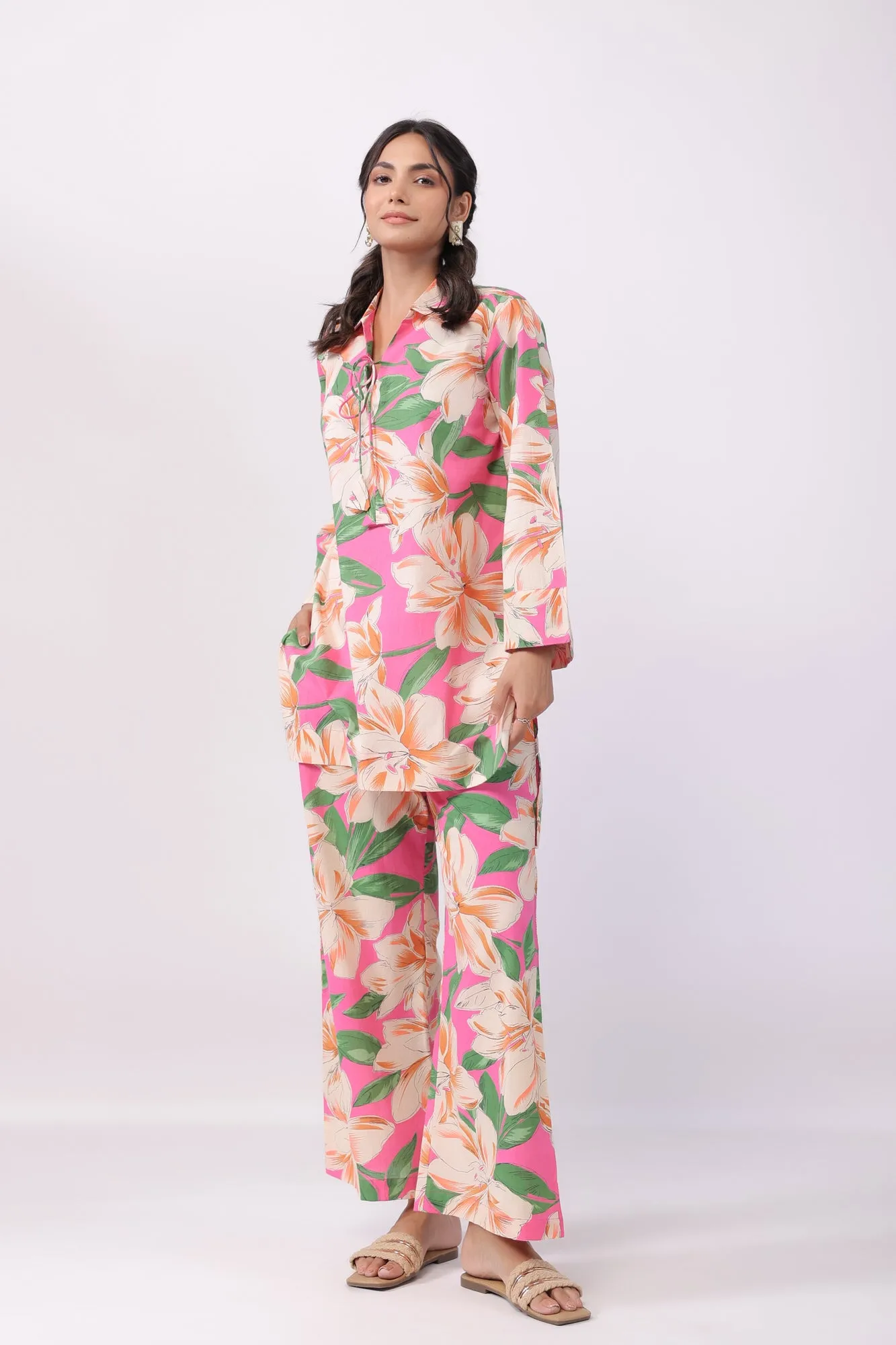 Azalea Pink Cotton Palazzo Loungewear Set