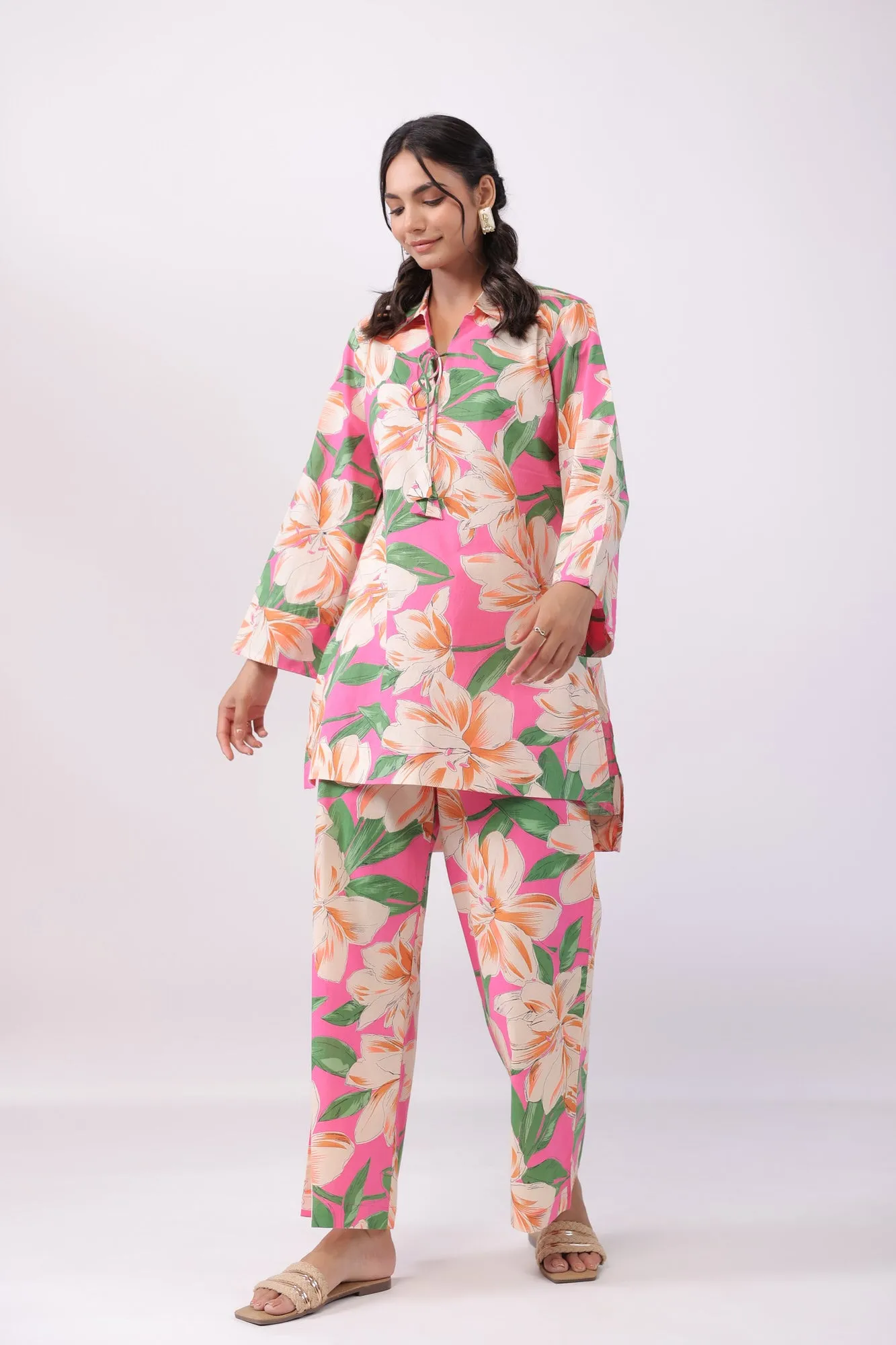 Azalea Pink Cotton Palazzo Loungewear Set