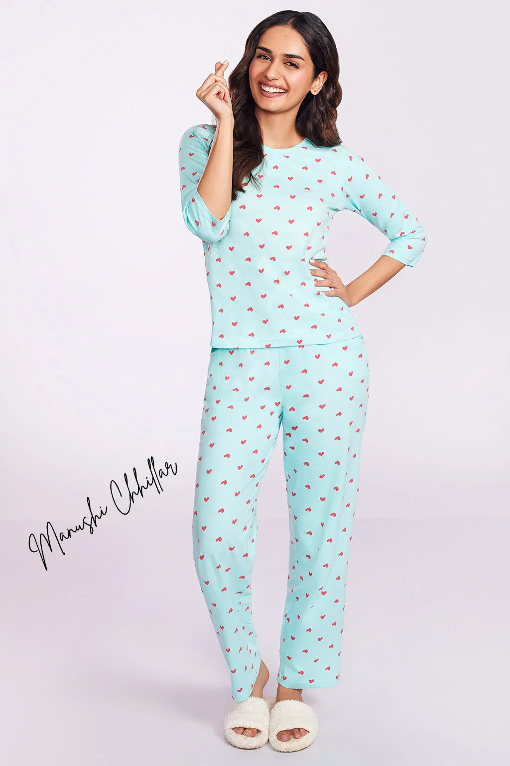 Baby Blue Cotton Heart Print Top & Pyjama Set