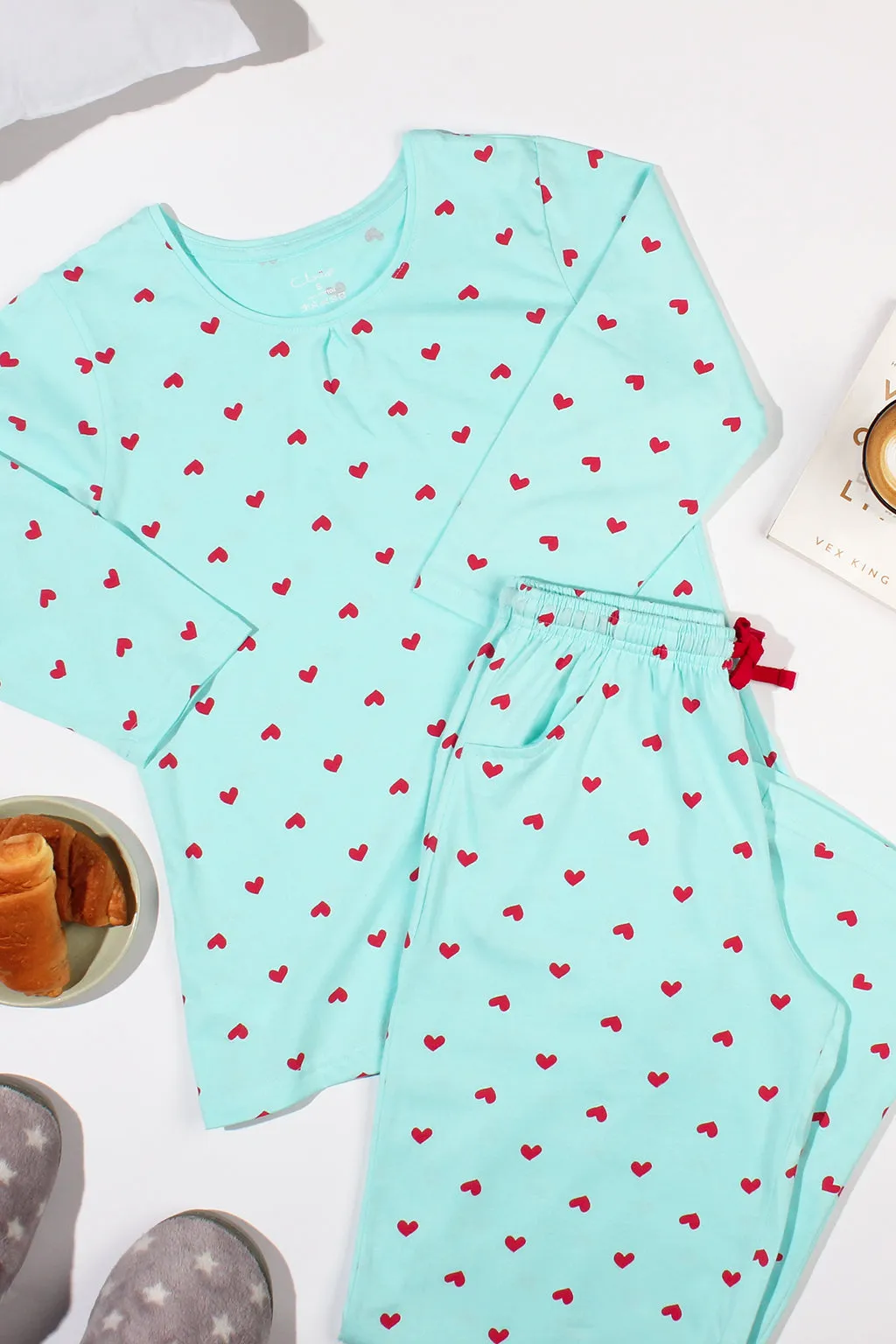 Baby Blue Cotton Heart Print Top & Pyjama Set