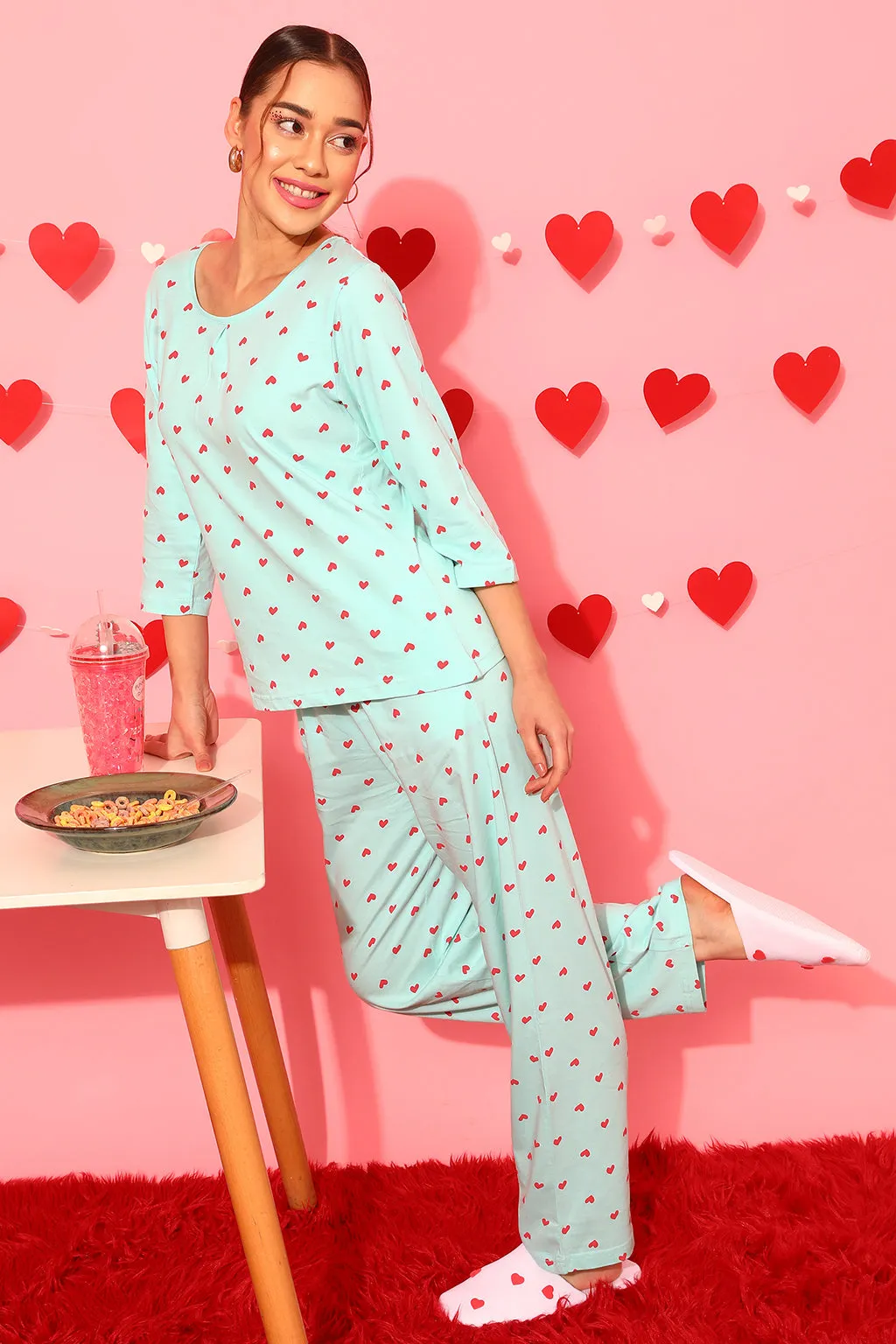 Baby Blue Cotton Heart Print Top & Pyjama Set