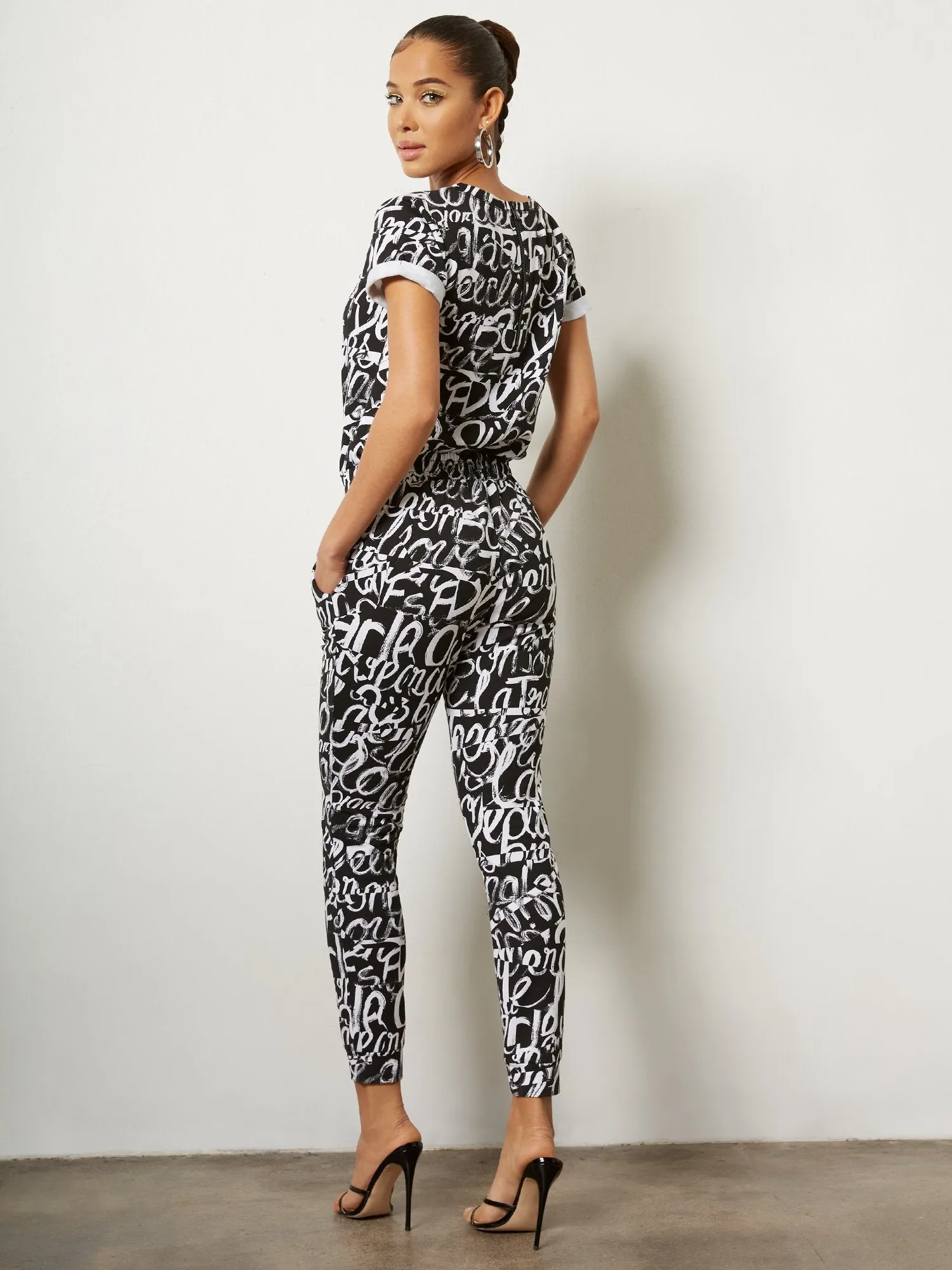 Black & White Scripted Short-Sleeve Jogger Jumpsuit