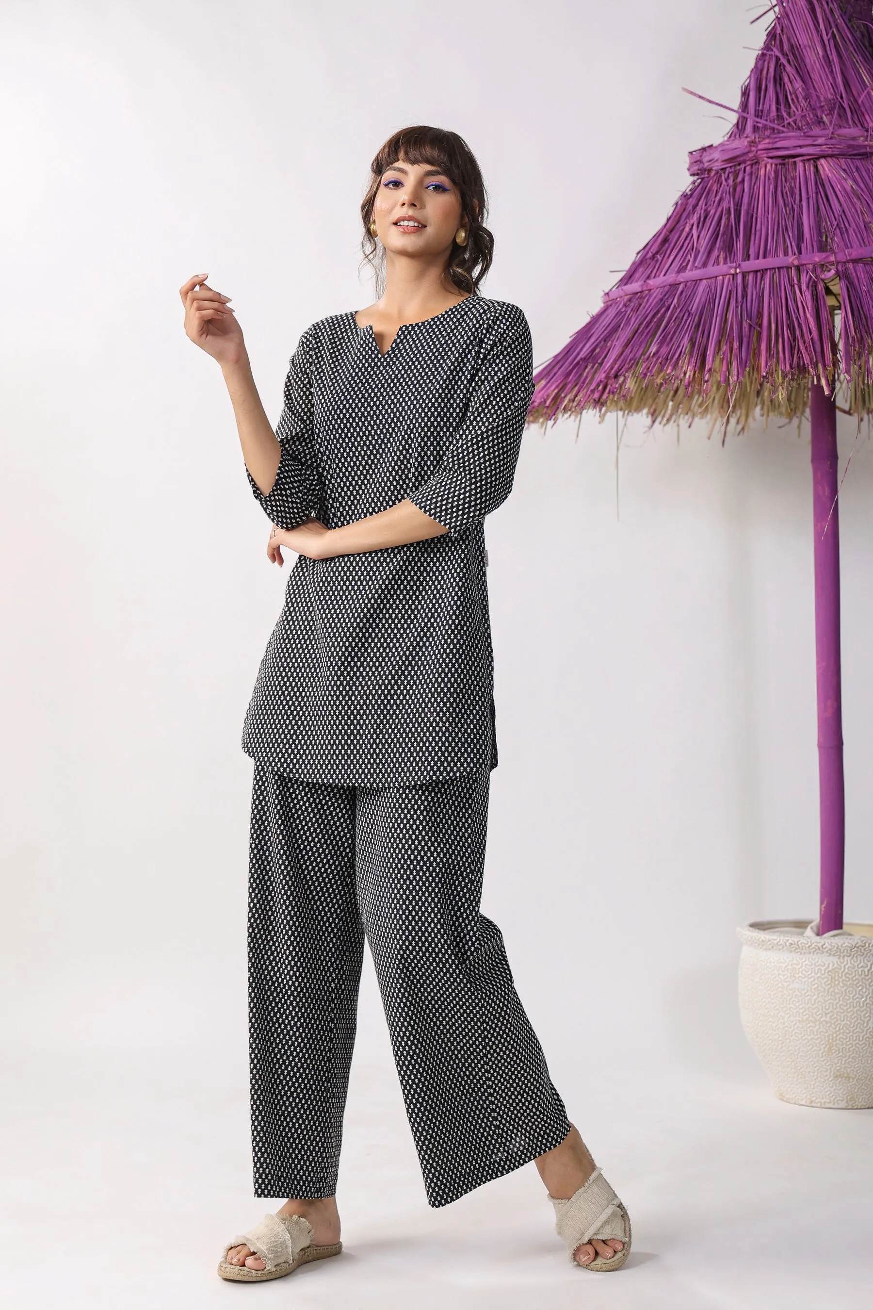 Black Butis on Cotton Palazzo Loungewear Set