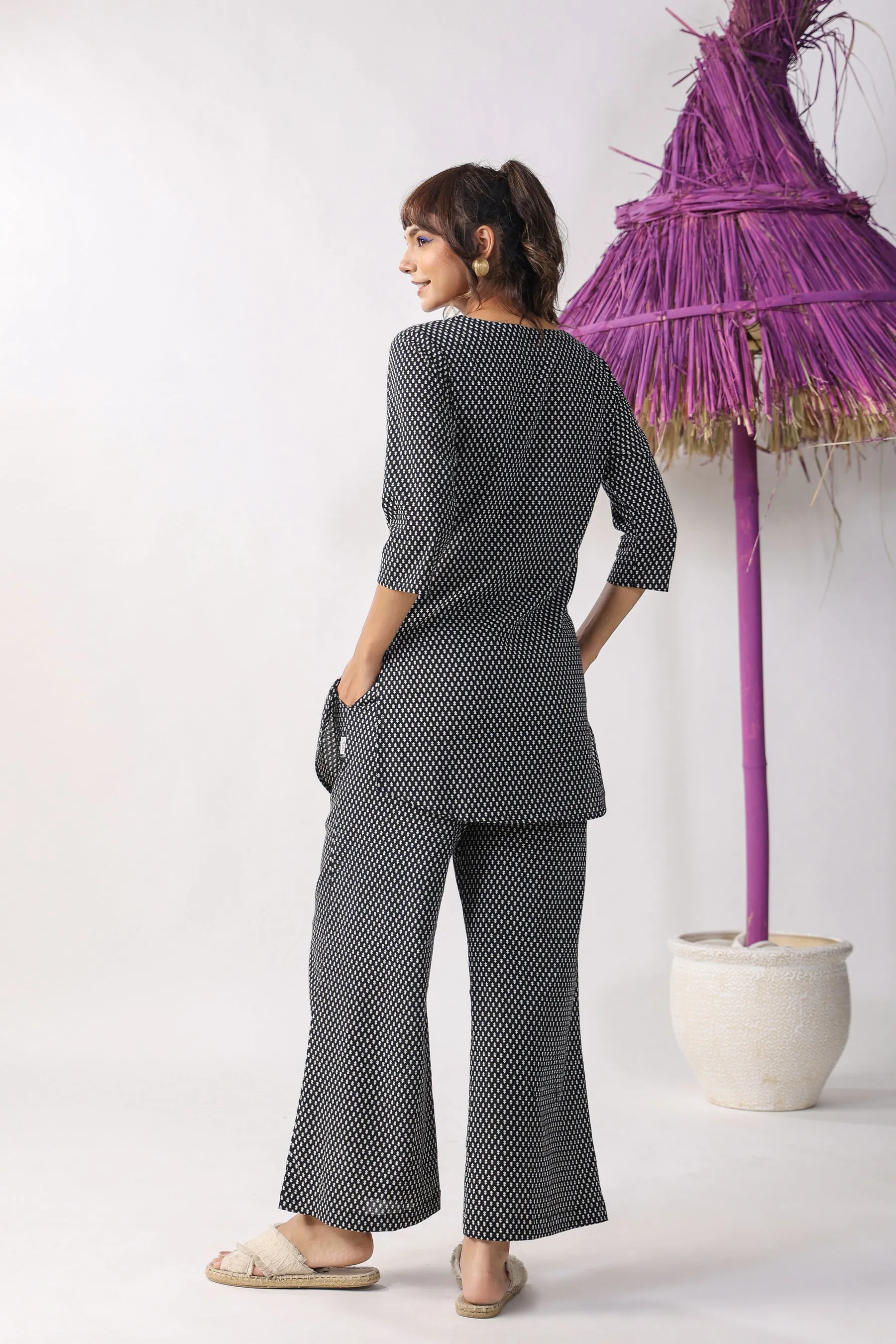 Black Butis on Cotton Palazzo Loungewear Set