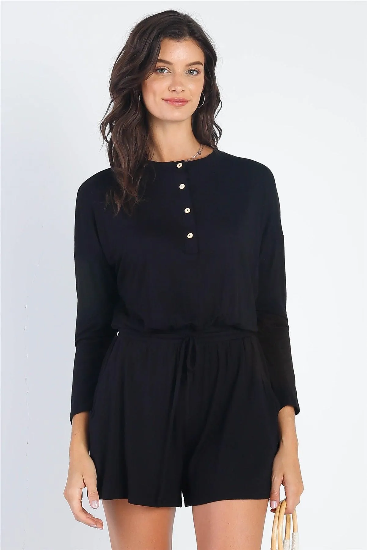 Black Button Up Neck Detail Long Sleeve Romper /1-1-1