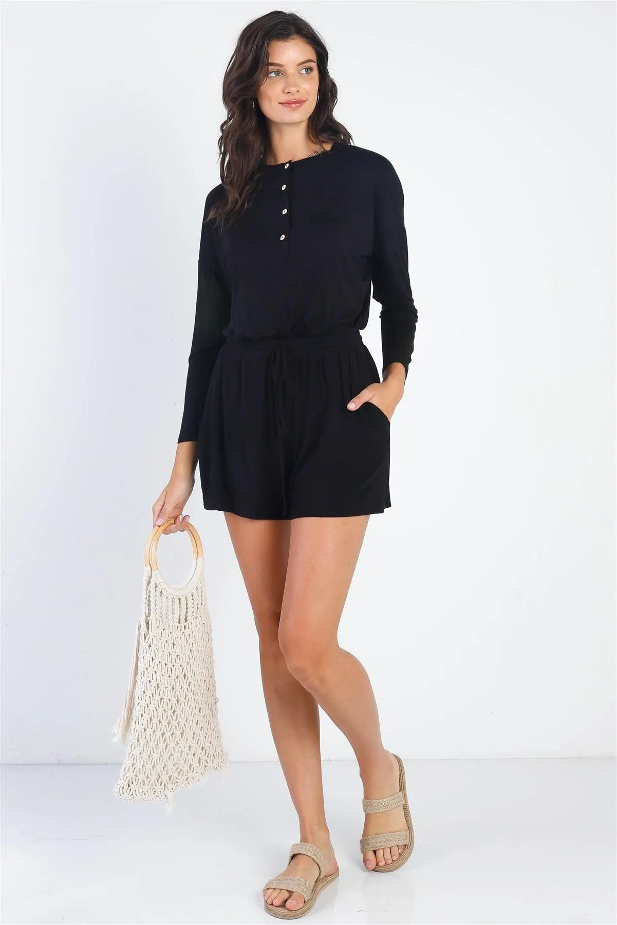 Black Button Up Neck Detail Long Sleeve Romper /1-1-1