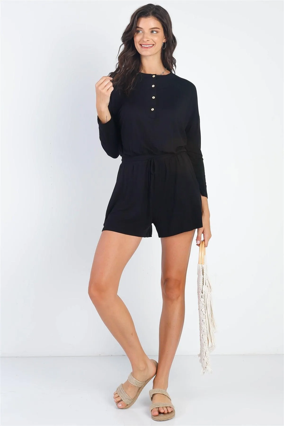 Black Button Up Neck Detail Long Sleeve Romper /1-1-1