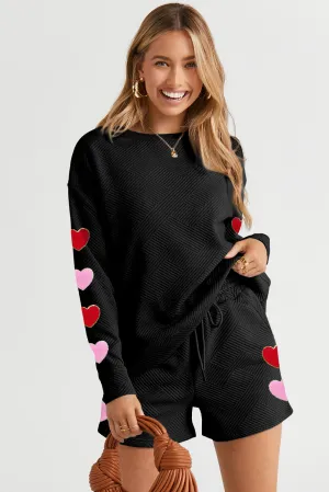 Black Heart-Embroidered Waffle Knit Loungewear Set