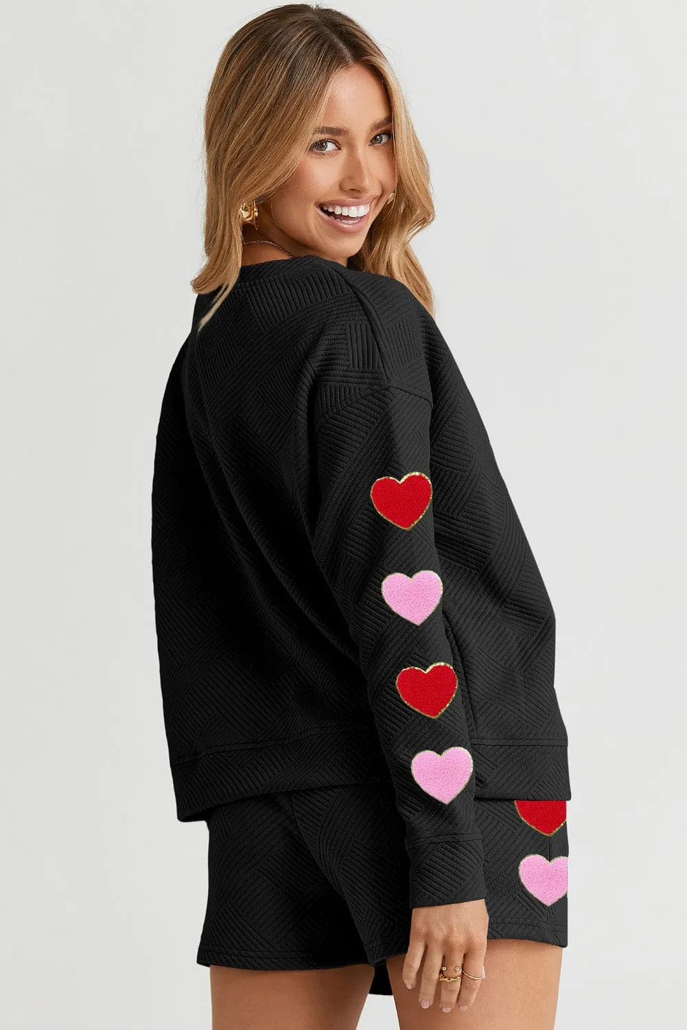 Black Heart-Embroidered Waffle Knit Loungewear Set