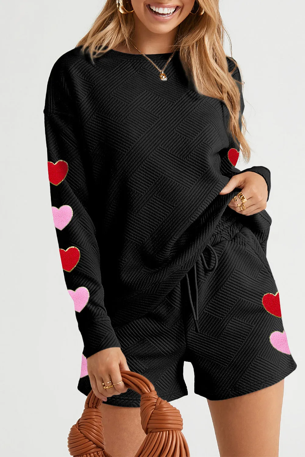 Black Heart-Embroidered Waffle Knit Loungewear Set