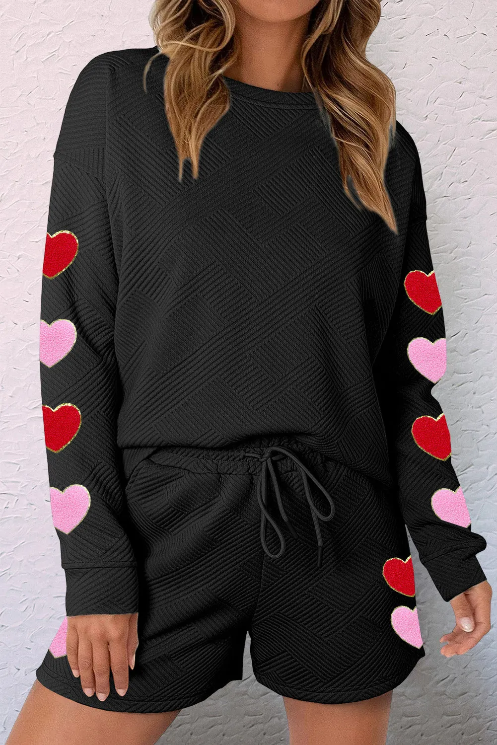 Black Heart-Embroidered Waffle Knit Loungewear Set