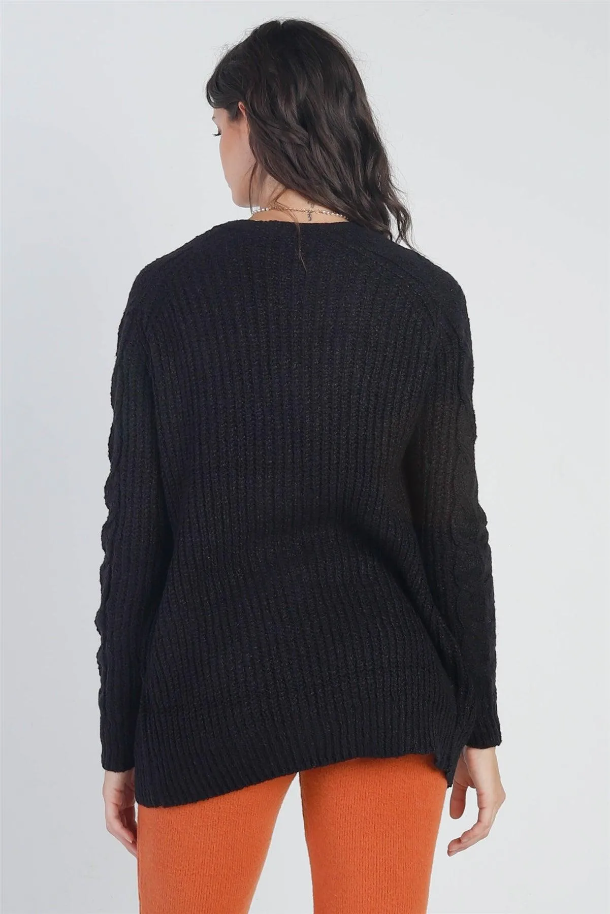 Black Open Front Cable-Knit Long Sleeve Cardigan /2-2-2