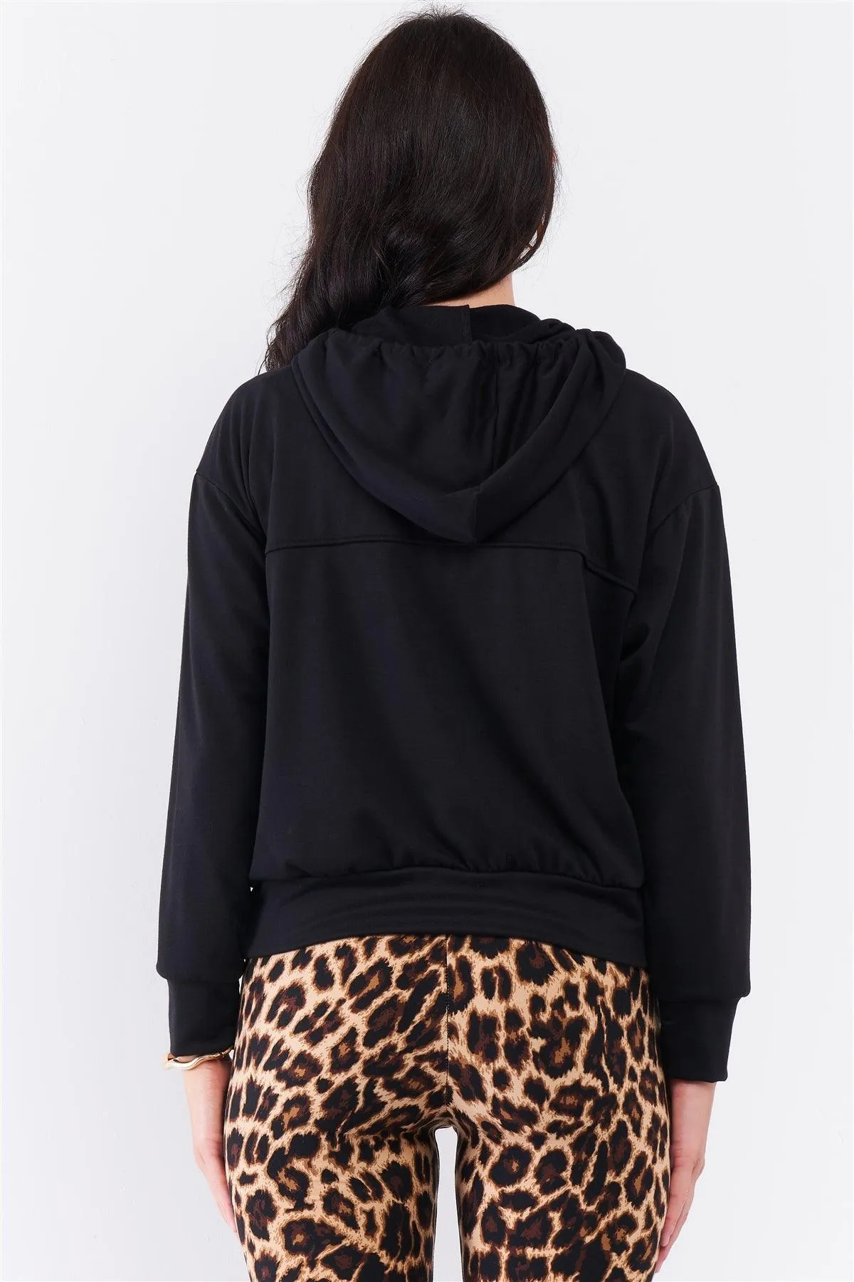 Black Oversize High Neck Zip-Up Detail Draw String Tie Hoodie Sweatshirt /2-2-2