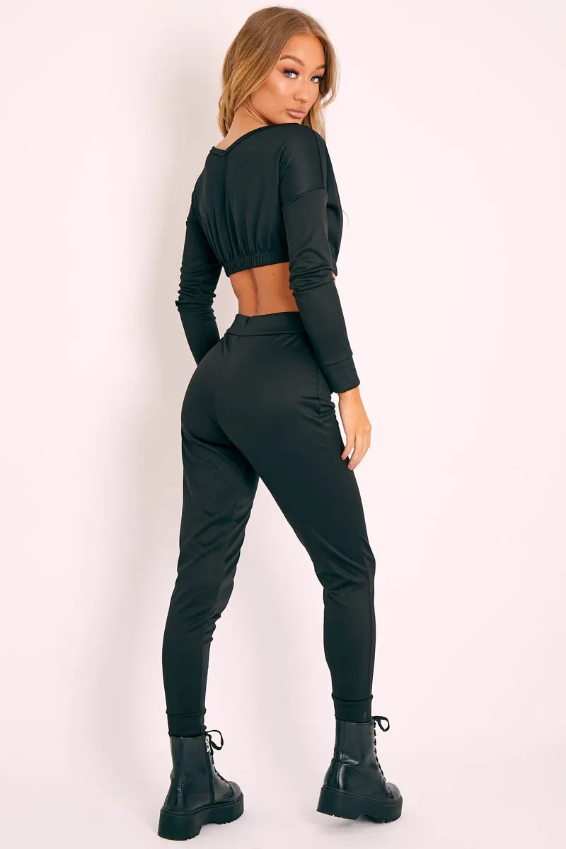 Black Plunge Neck Cropped Loungewear Co-ord Set - Darcie