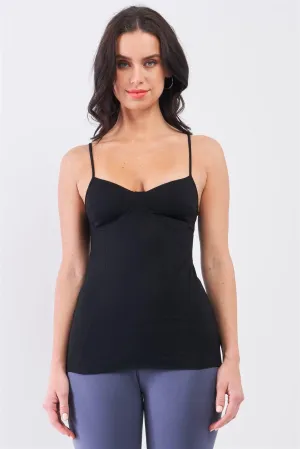 Black Sleeveless V-Neck Stitching Detail Basic Cami Top /1-1-1-2-1