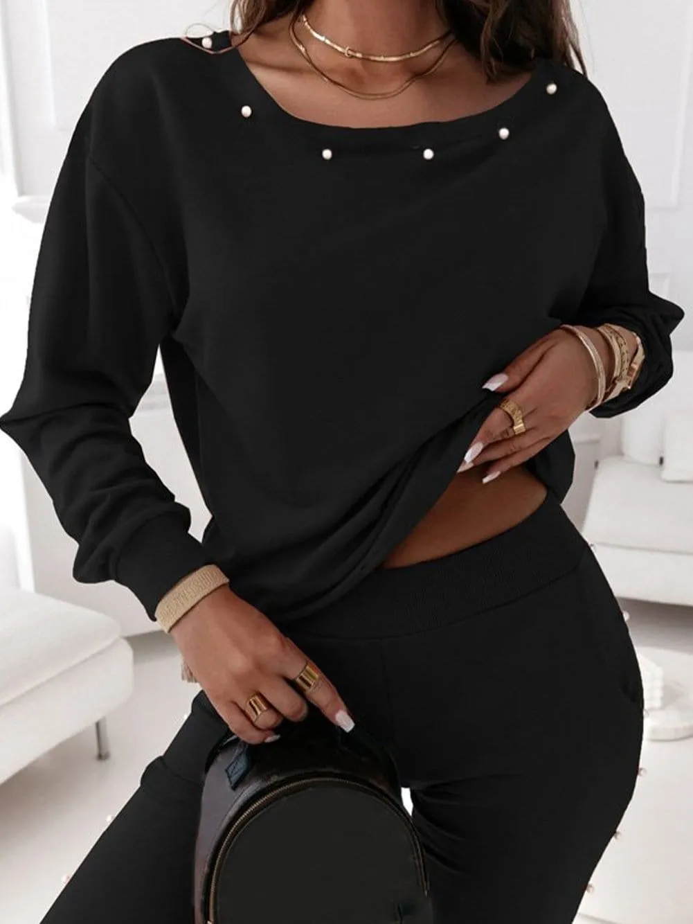 Black Sweatshirt and Jogger Set with Pearls