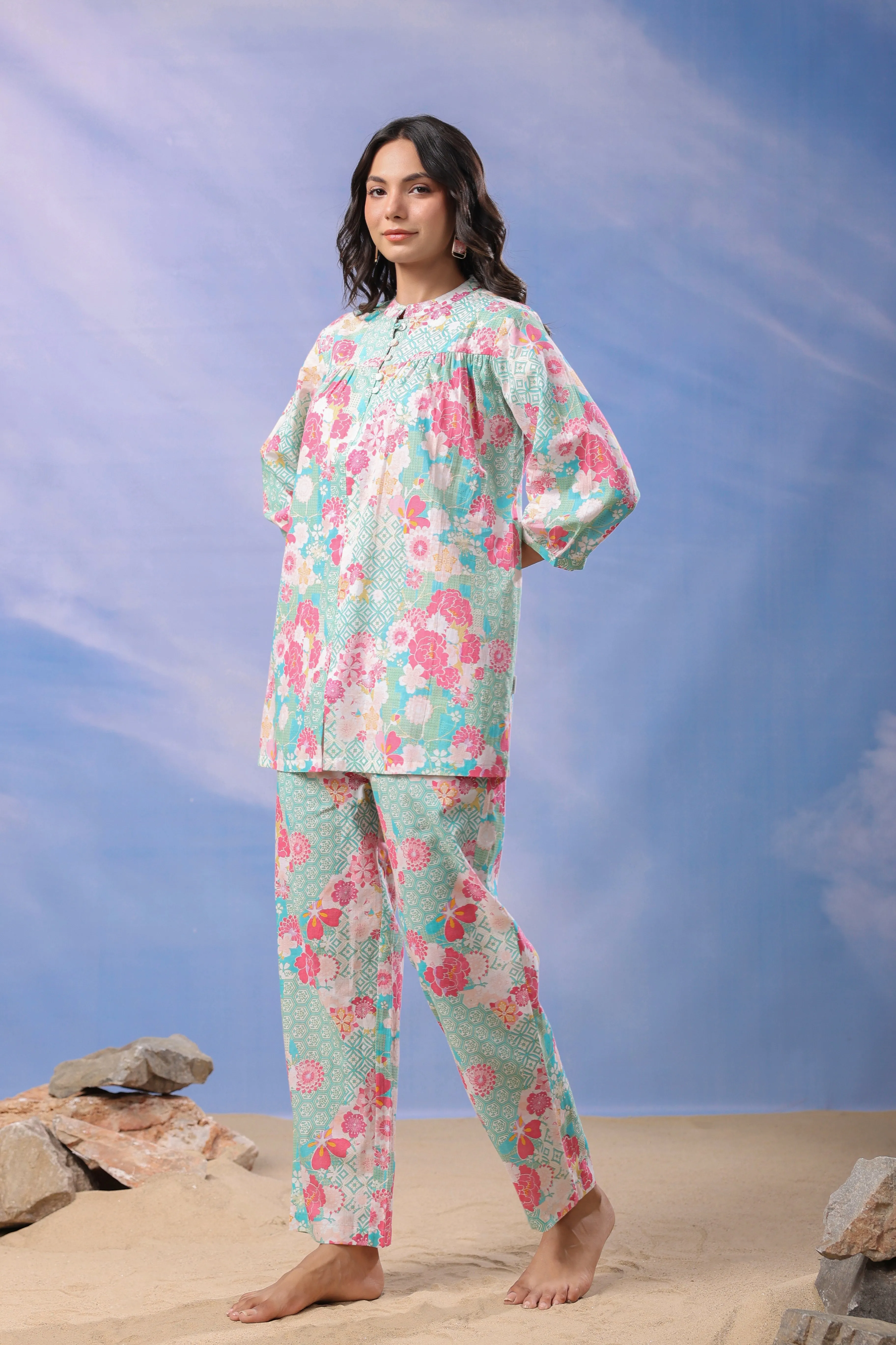 Blooming Mint Cotton Loungewear Top Set