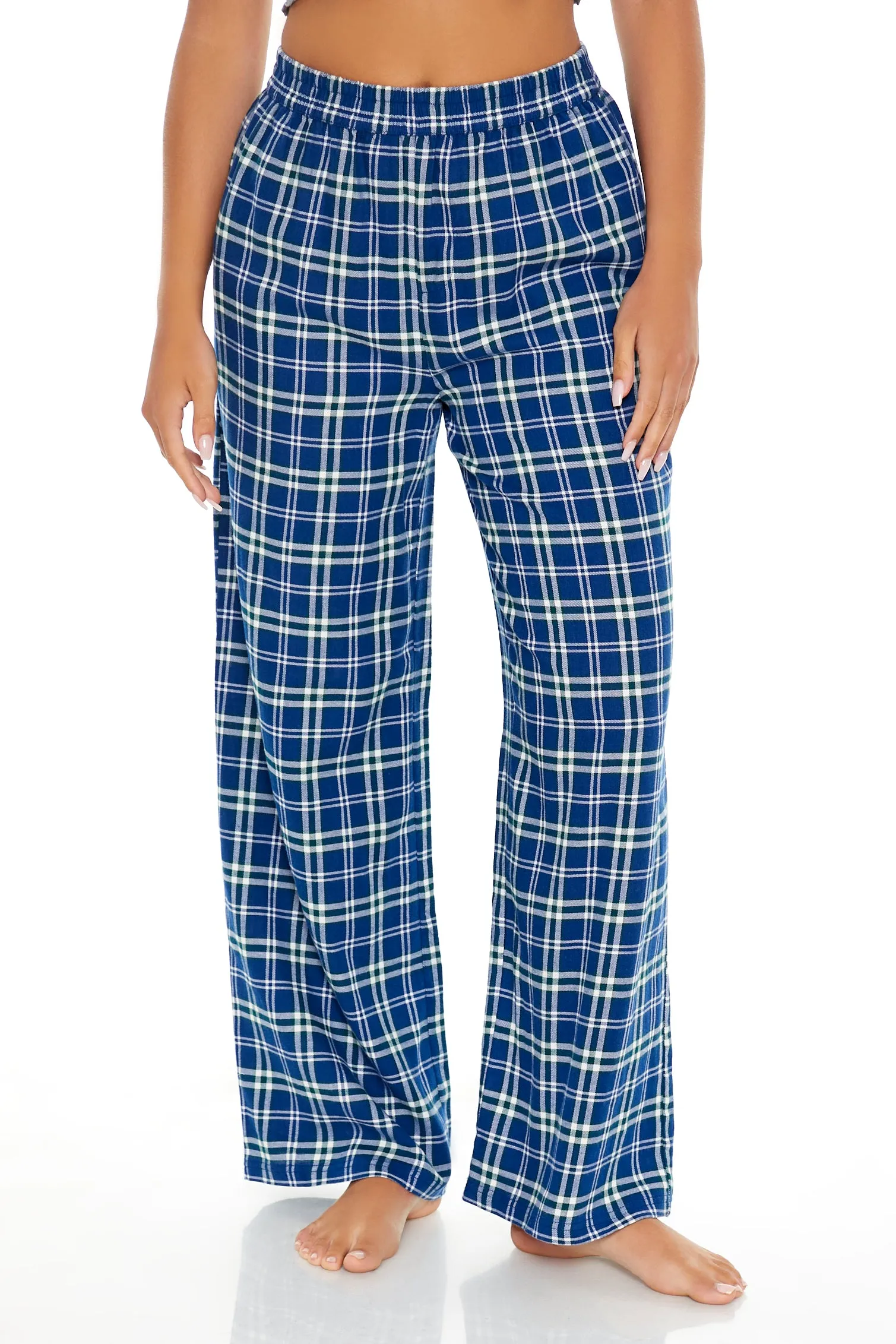 Blue Plaid Print Wide Leg Pajama Pant