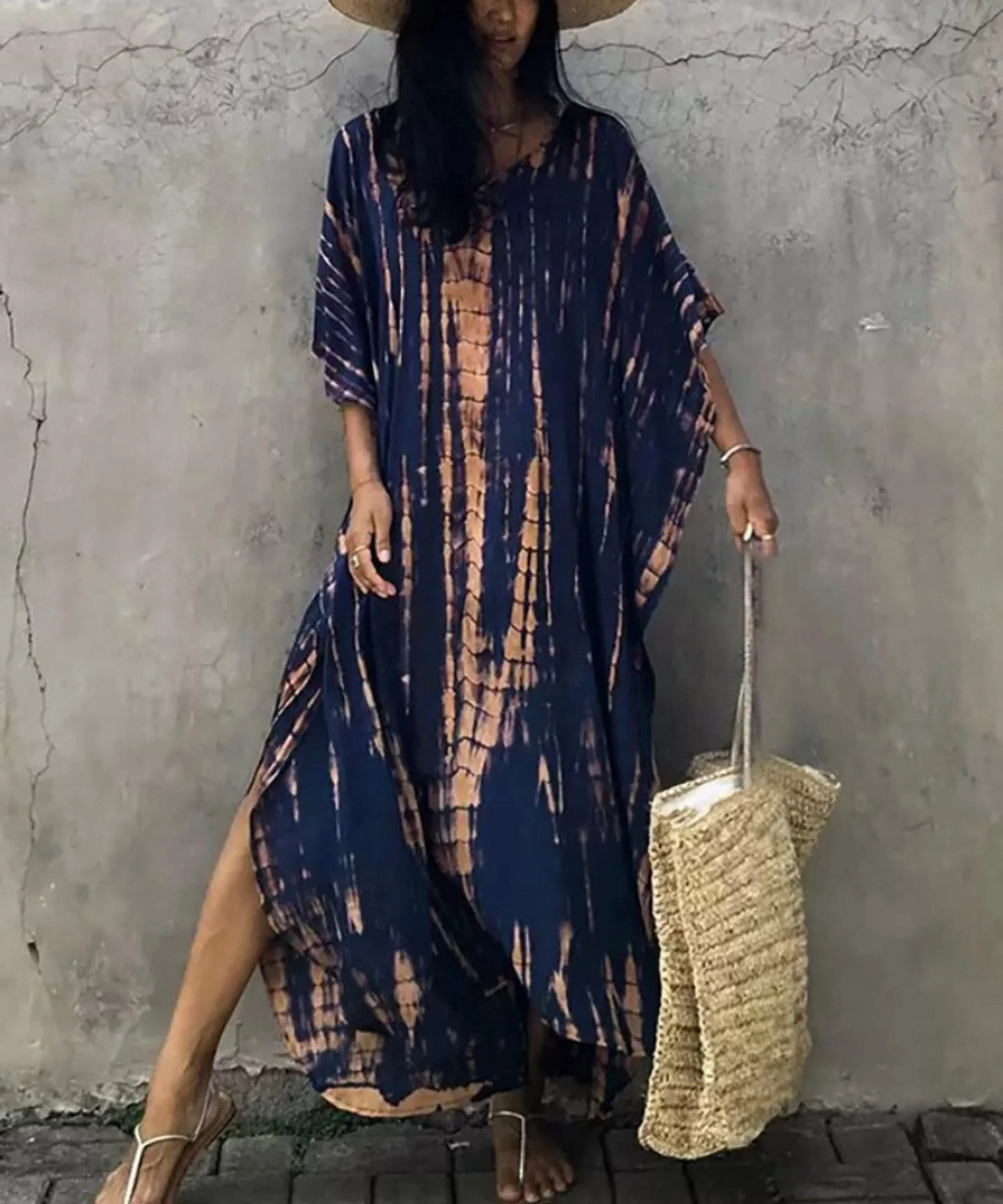 Bohemian Kaftan Dress, Boho Retro Striped Tie Dye Women Swimsuit Cover Up, Beach Dress Kaftan