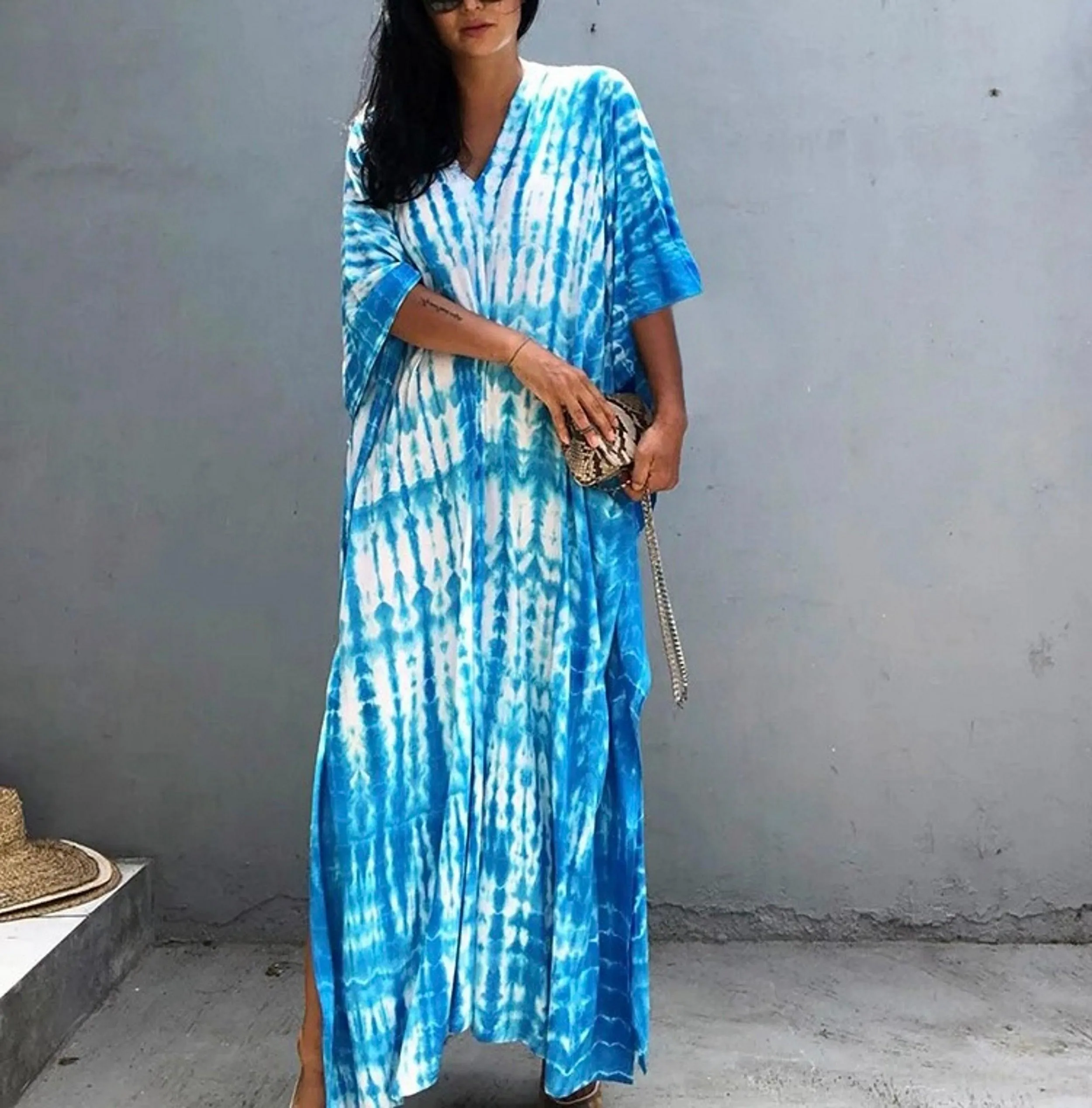 Bohemian Kaftan Dress, Boho Retro Striped Tie Dye Women Swimsuit Cover Up, Beach Dress Kaftan