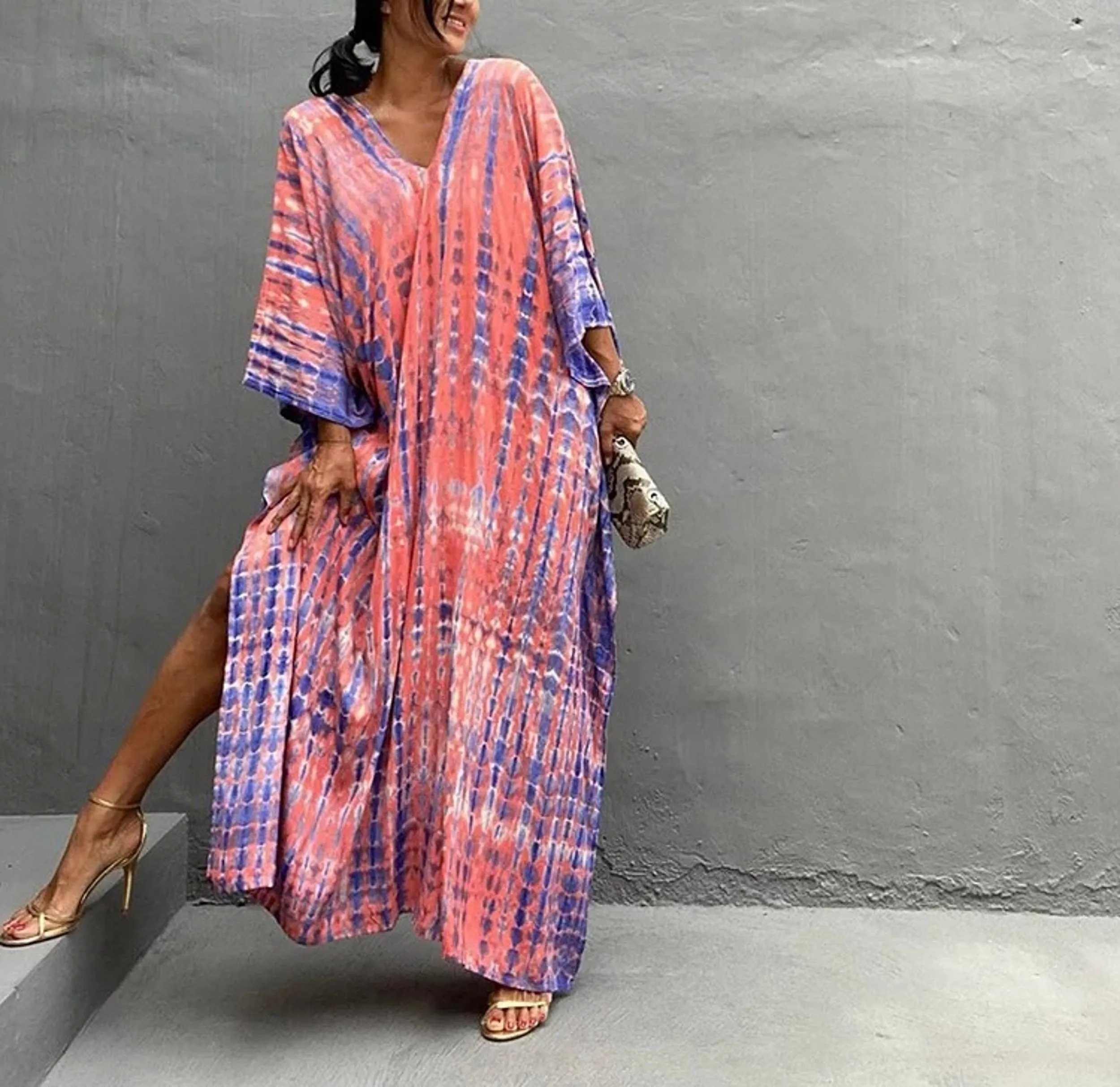 Bohemian Kaftan Dress, Boho Retro Striped Tie Dye Women Swimsuit Cover Up, Beach Dress Kaftan