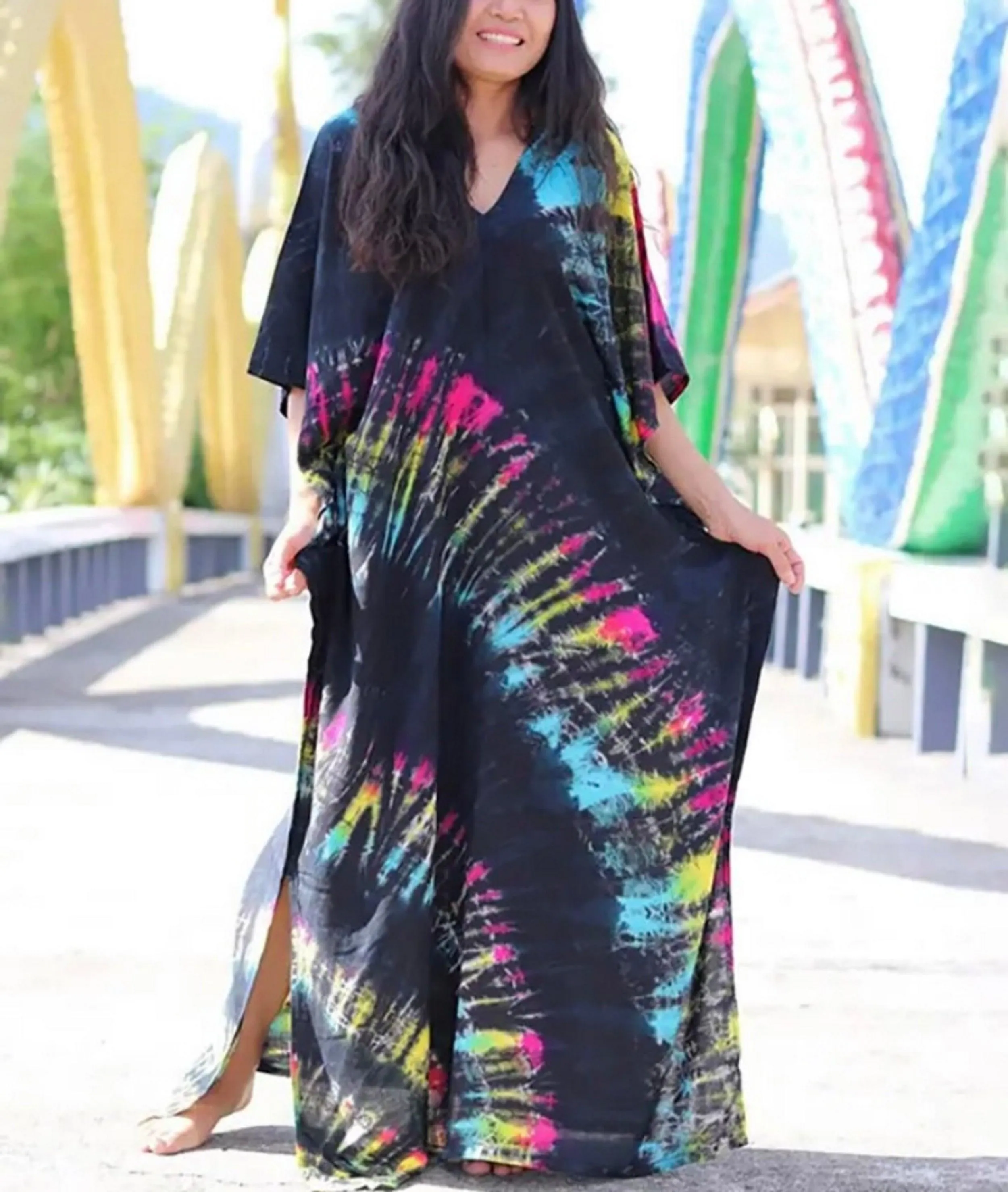 Bohemian Kaftan Dress, Boho Retro Striped Tie Dye Women Swimsuit Cover Up, Beach Dress Kaftan