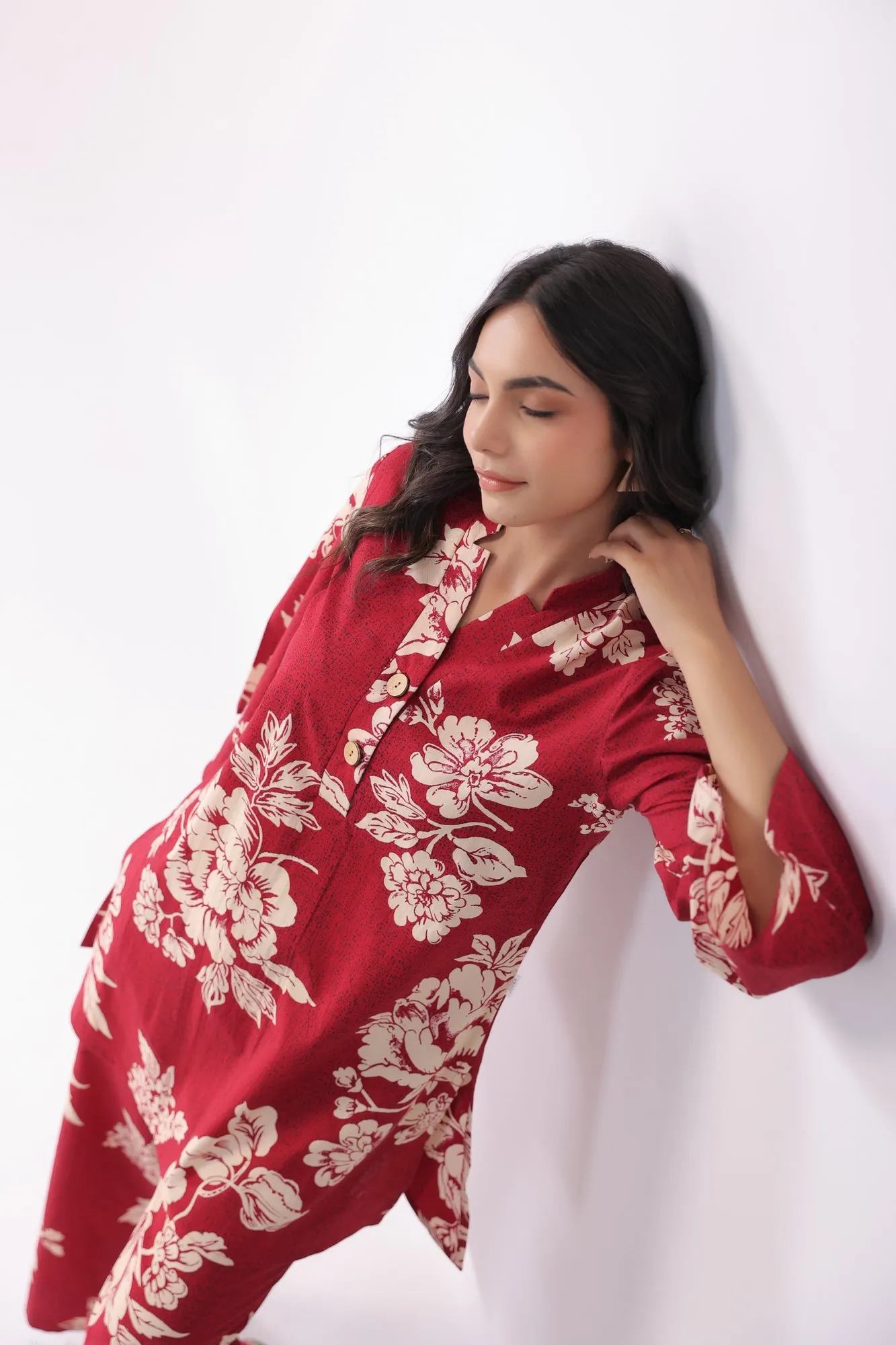 Bright Blossoming Maroon Cotton Palazzo Loungewear Set