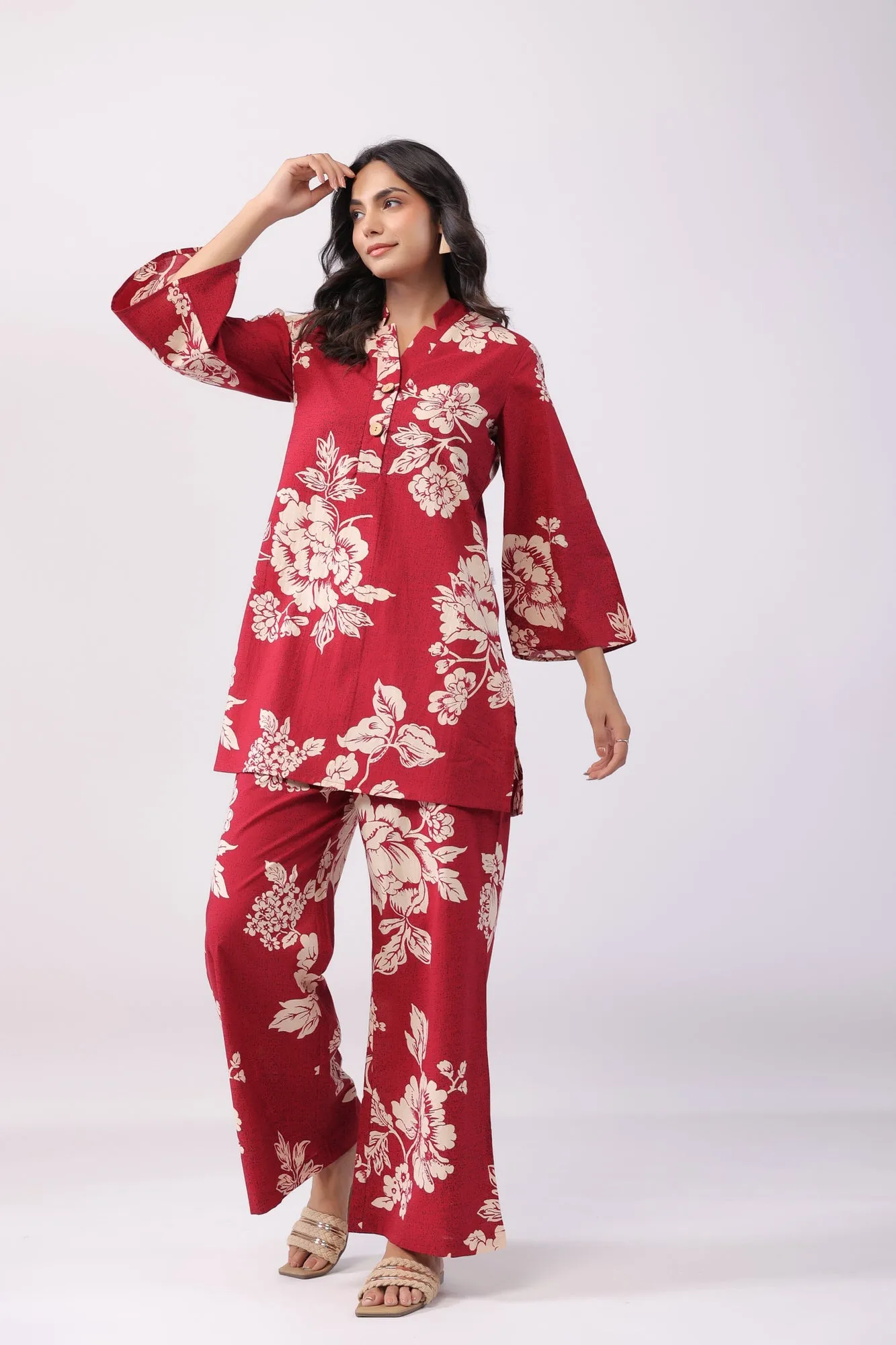 Bright Blossoming Maroon Cotton Palazzo Loungewear Set