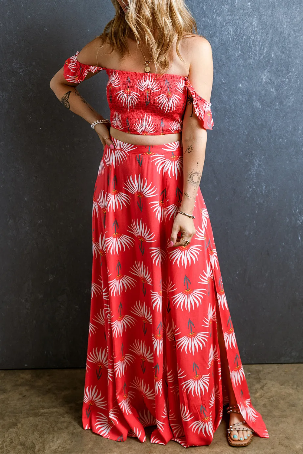 Bright Red Floral Maxi Set