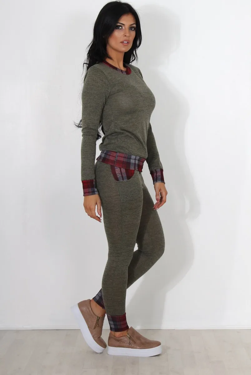 Cathie Khaki Tartan Trim Loungewear