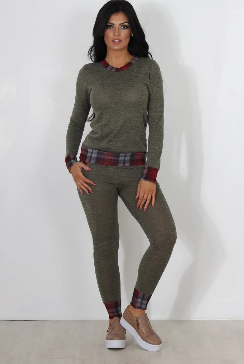 Cathie Khaki Tartan Trim Loungewear