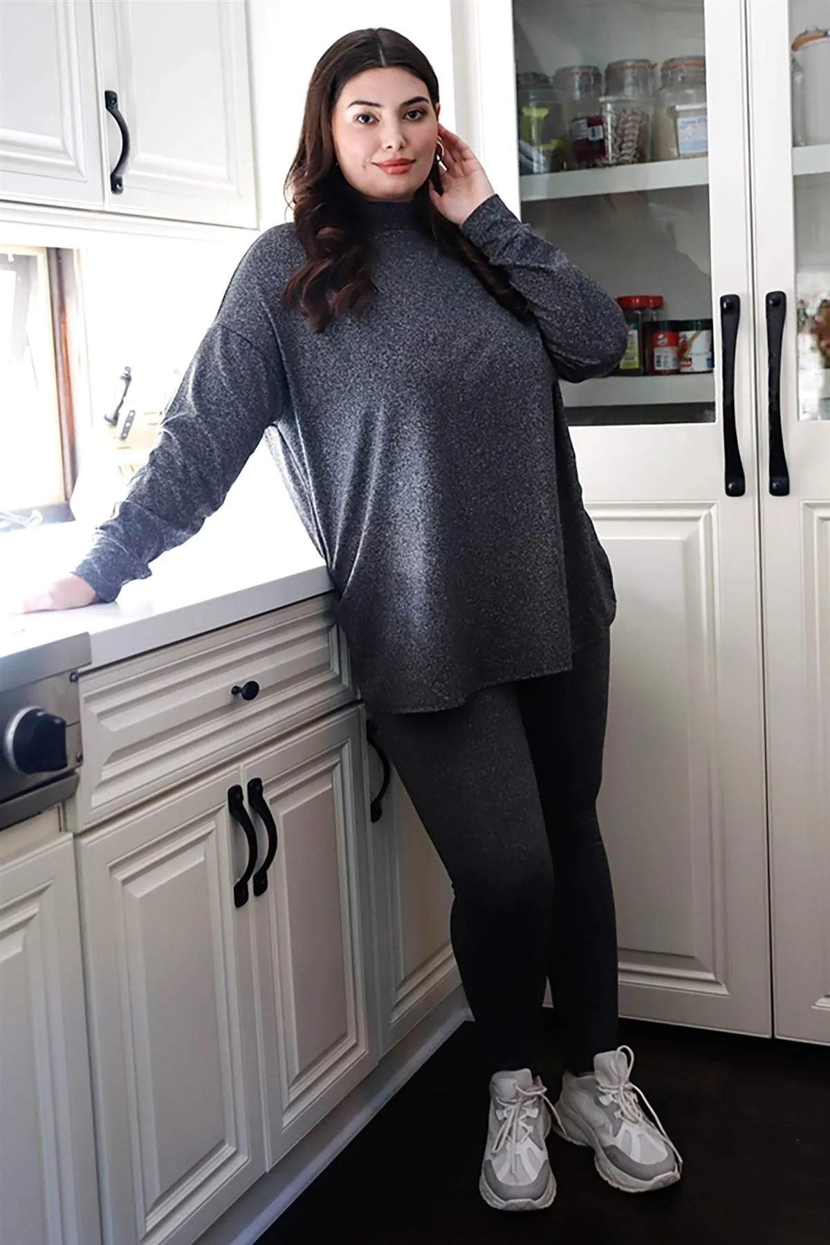 Charcoal Mock Neck Long Sleeve Top & High Waist Legging Pants Set /3-2-1