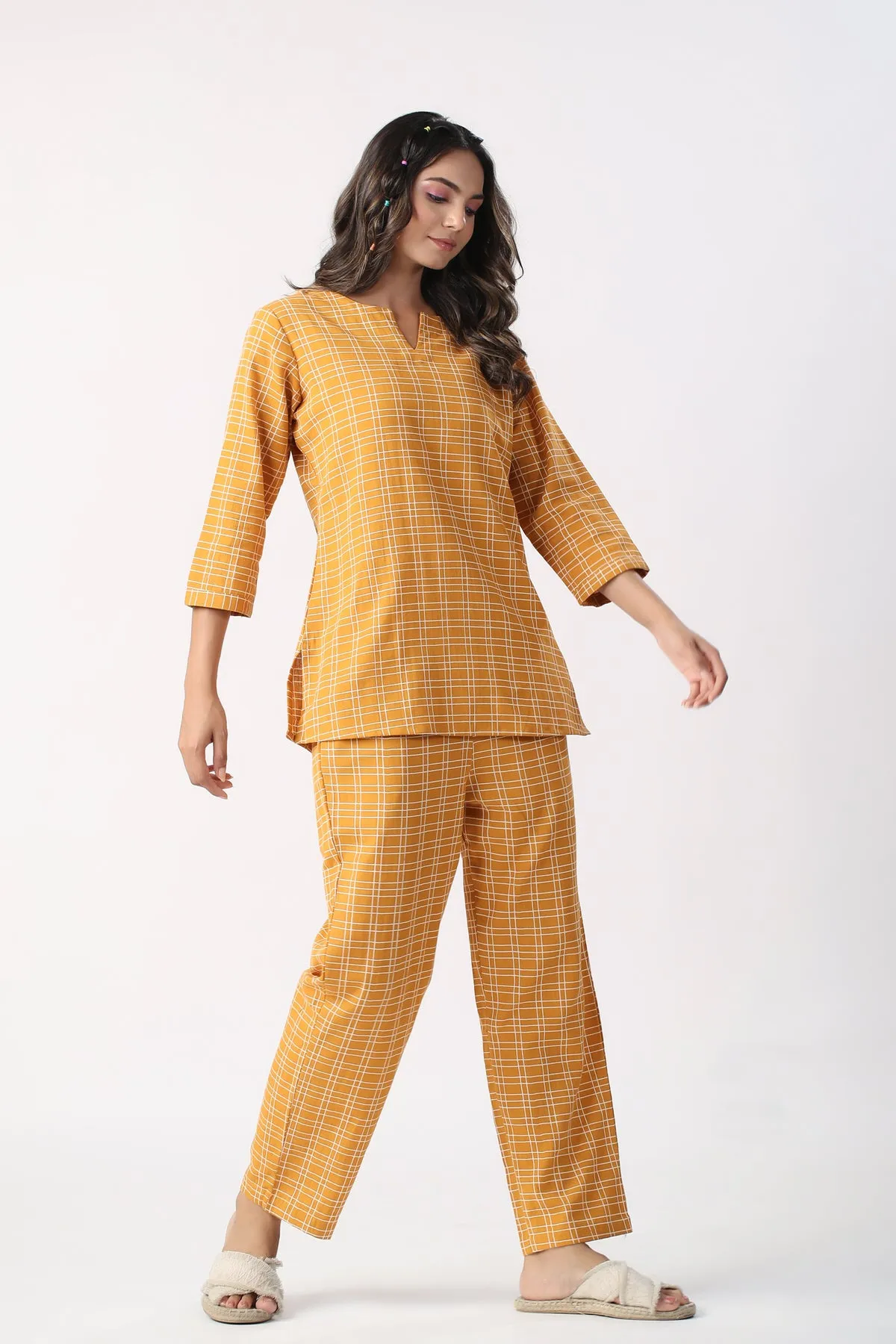 Checkered Saffron Cotton Flex Loungewear Top Set