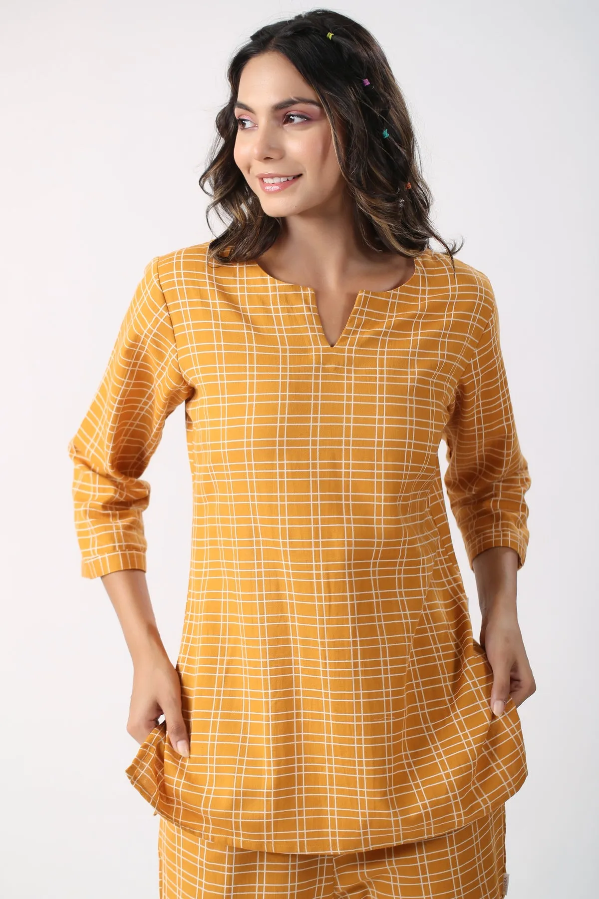 Checkered Saffron Cotton Flex Loungewear Top Set