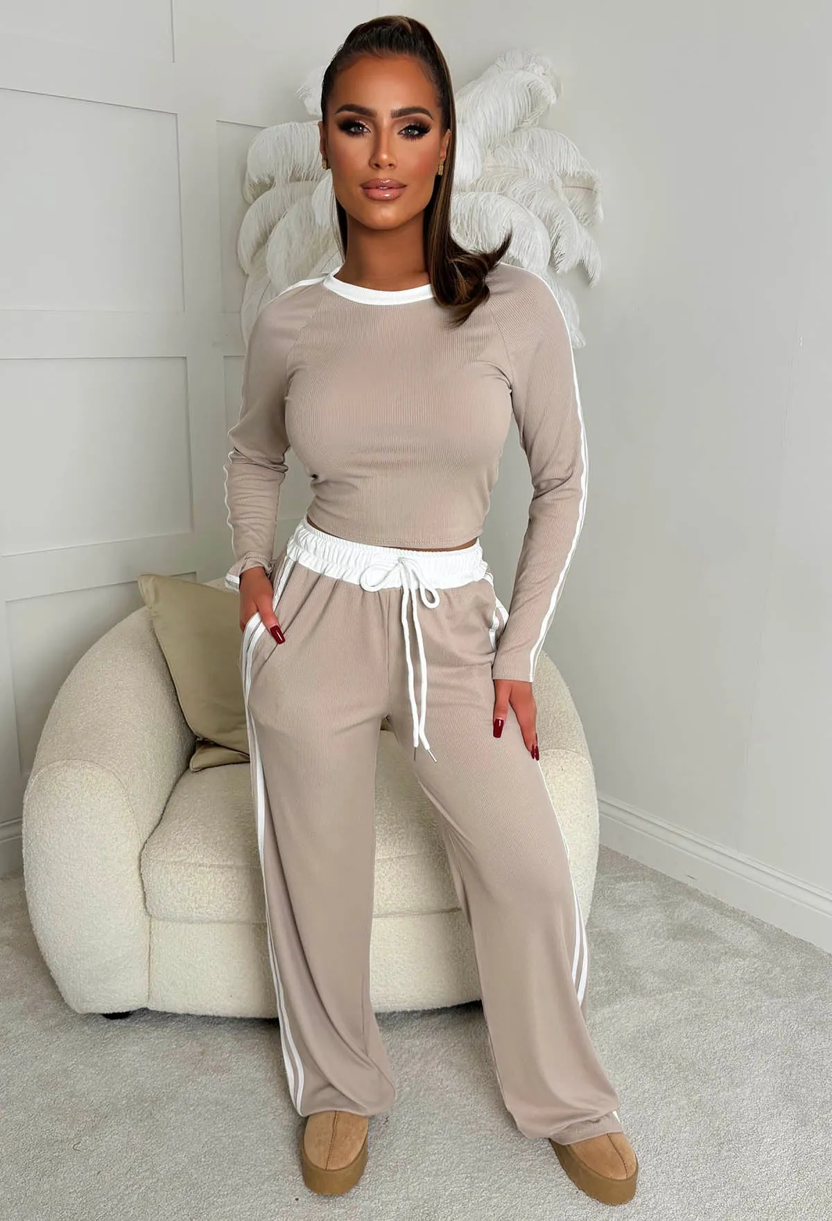 Chic and Cosy Beige Side Stripe Loungewear Set