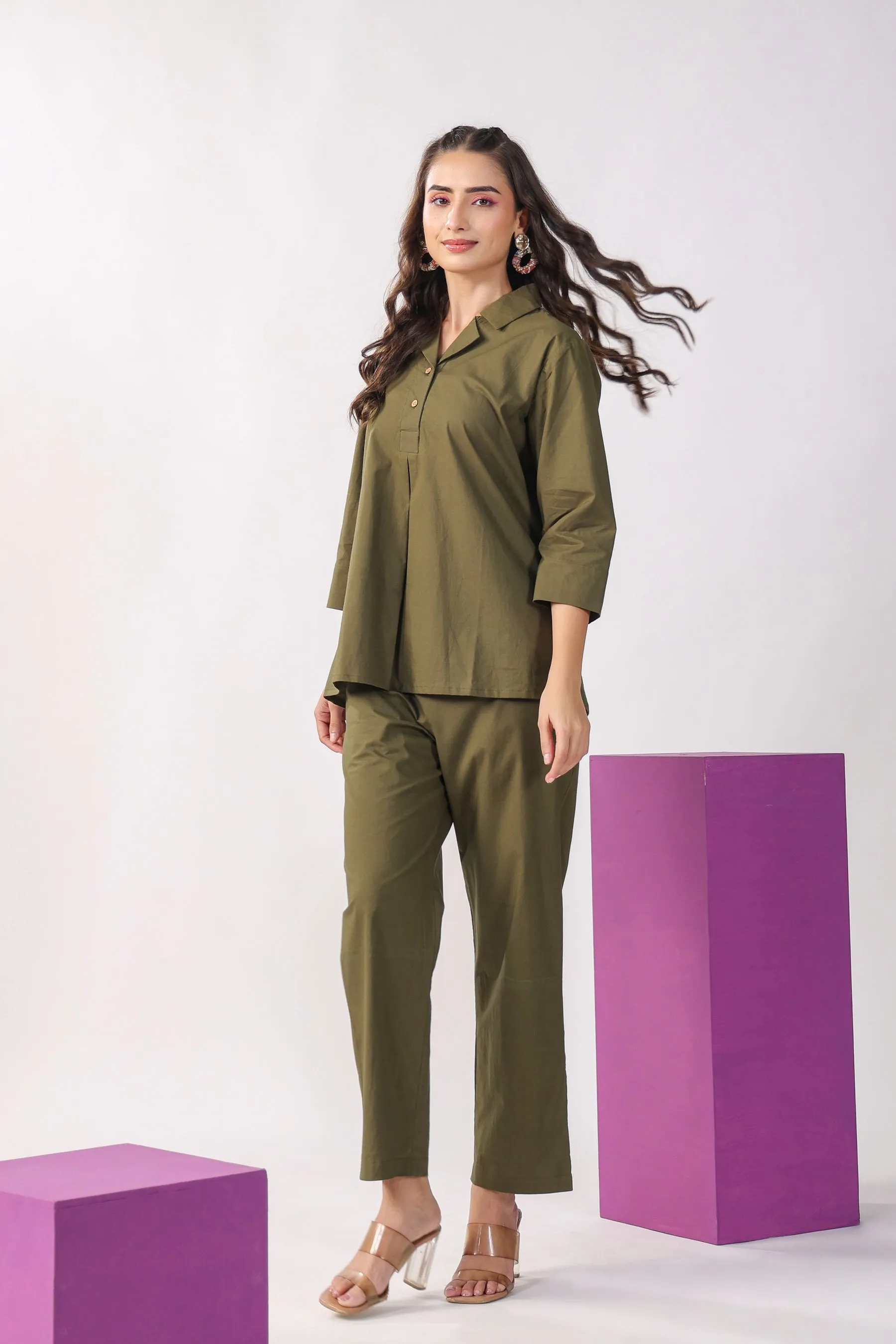 Classic Olive Cotton Loungewear Top Set