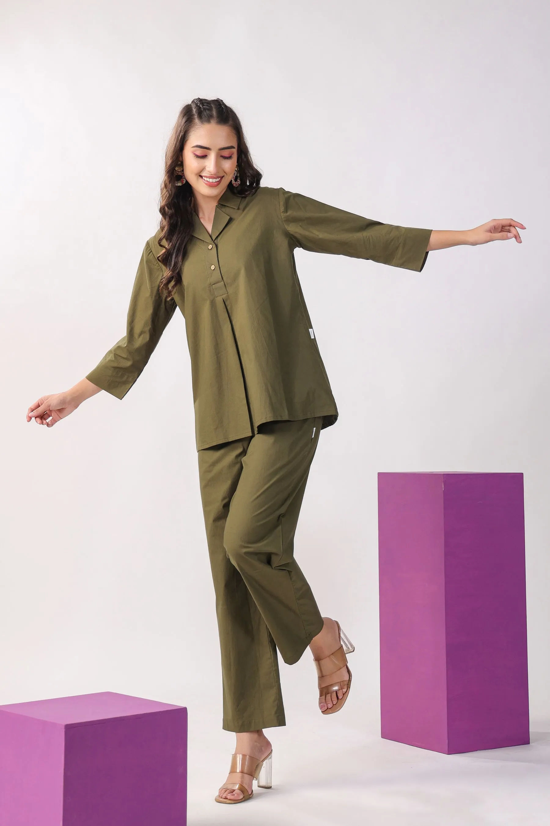 Classic Olive Cotton Loungewear Top Set