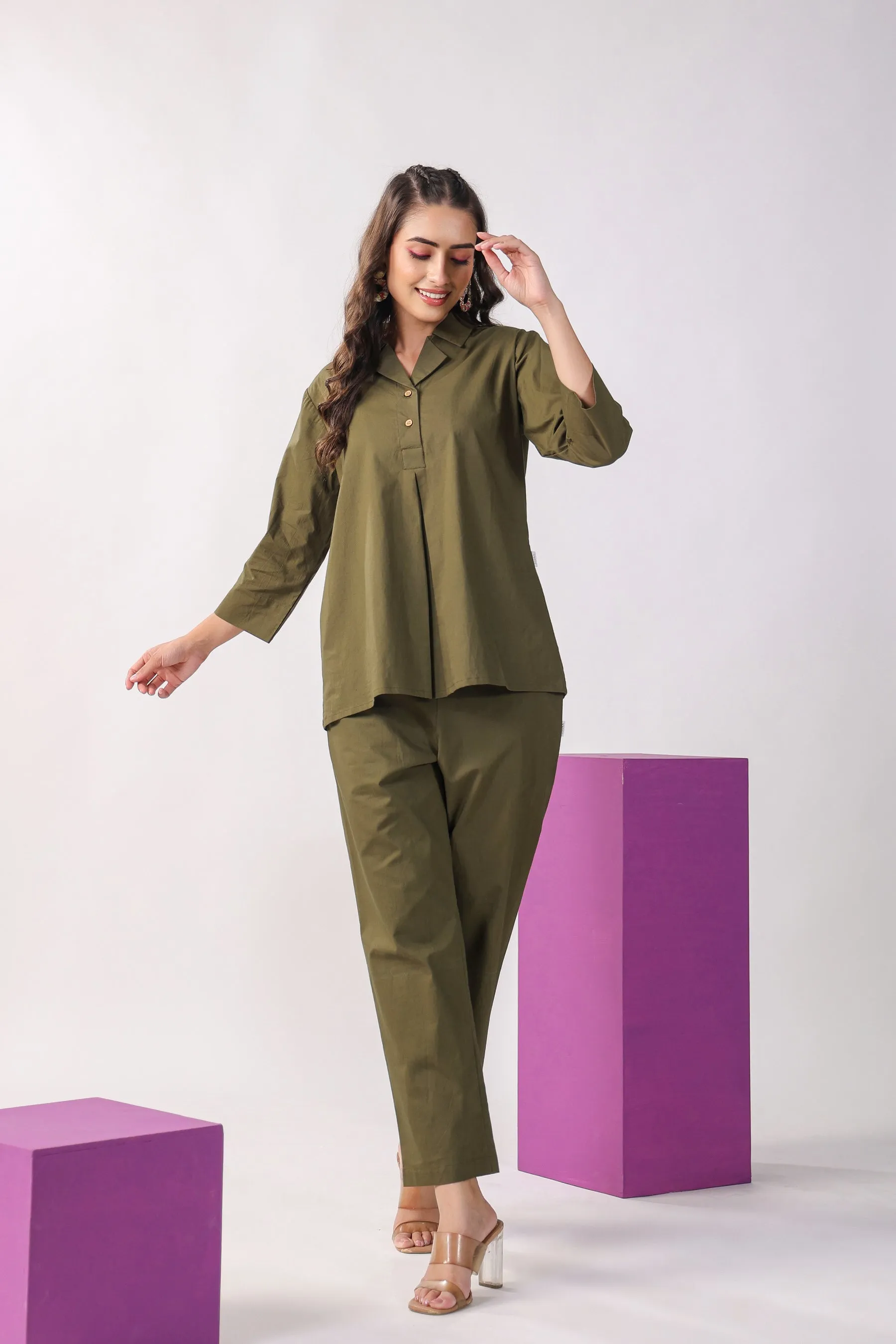 Classic Olive Cotton Loungewear Top Set