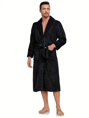 Cozy Fleece Hooded Sleep Robe for Men - Elegant Contrast Color Design, Soft and Warm Pajama Set with Long Sleeve, Two Side Pockets, and Adjustable Belt - Perfect for Relaxation and Lounging