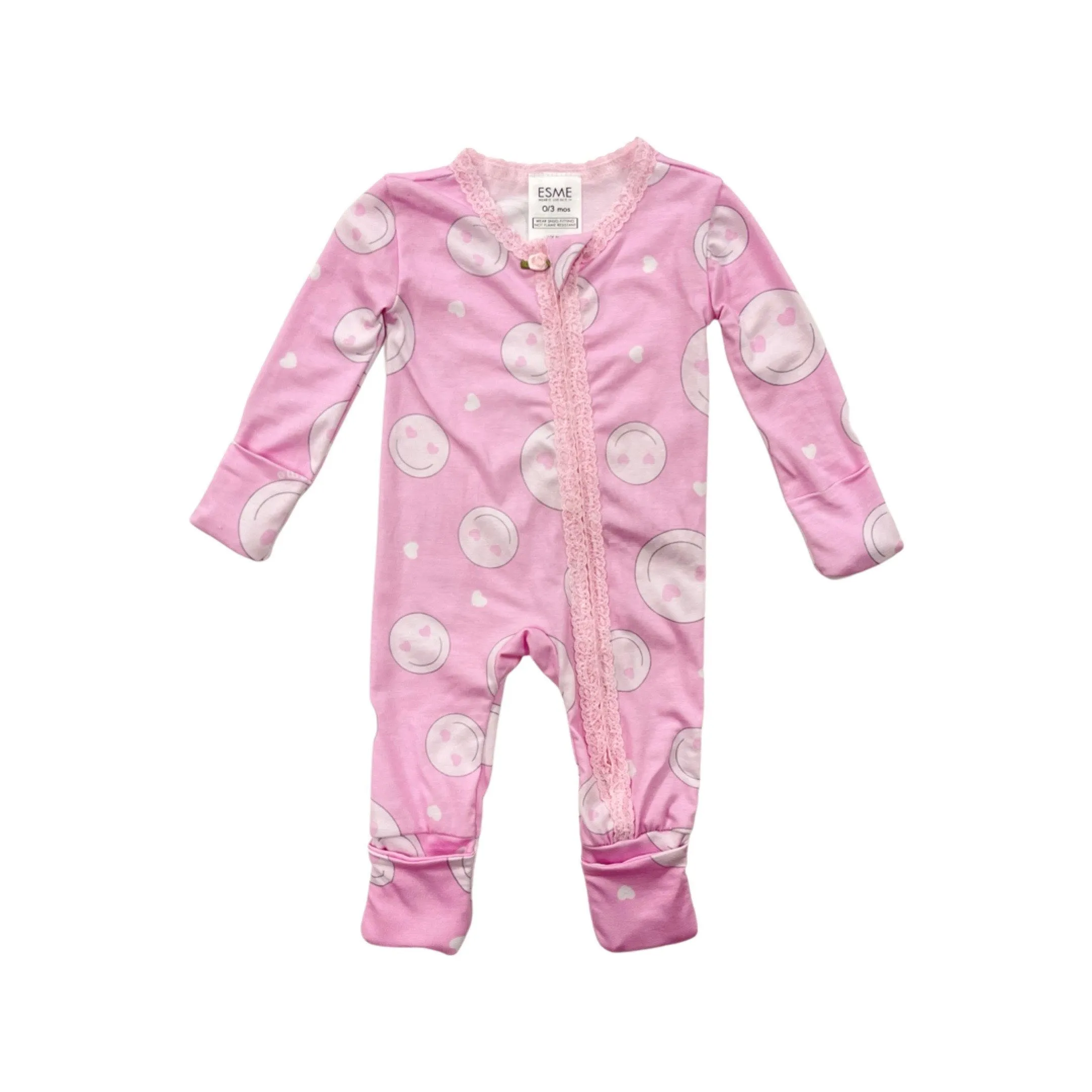 Esme Pink Smiley Infant Flip Footie w/Lace Trim