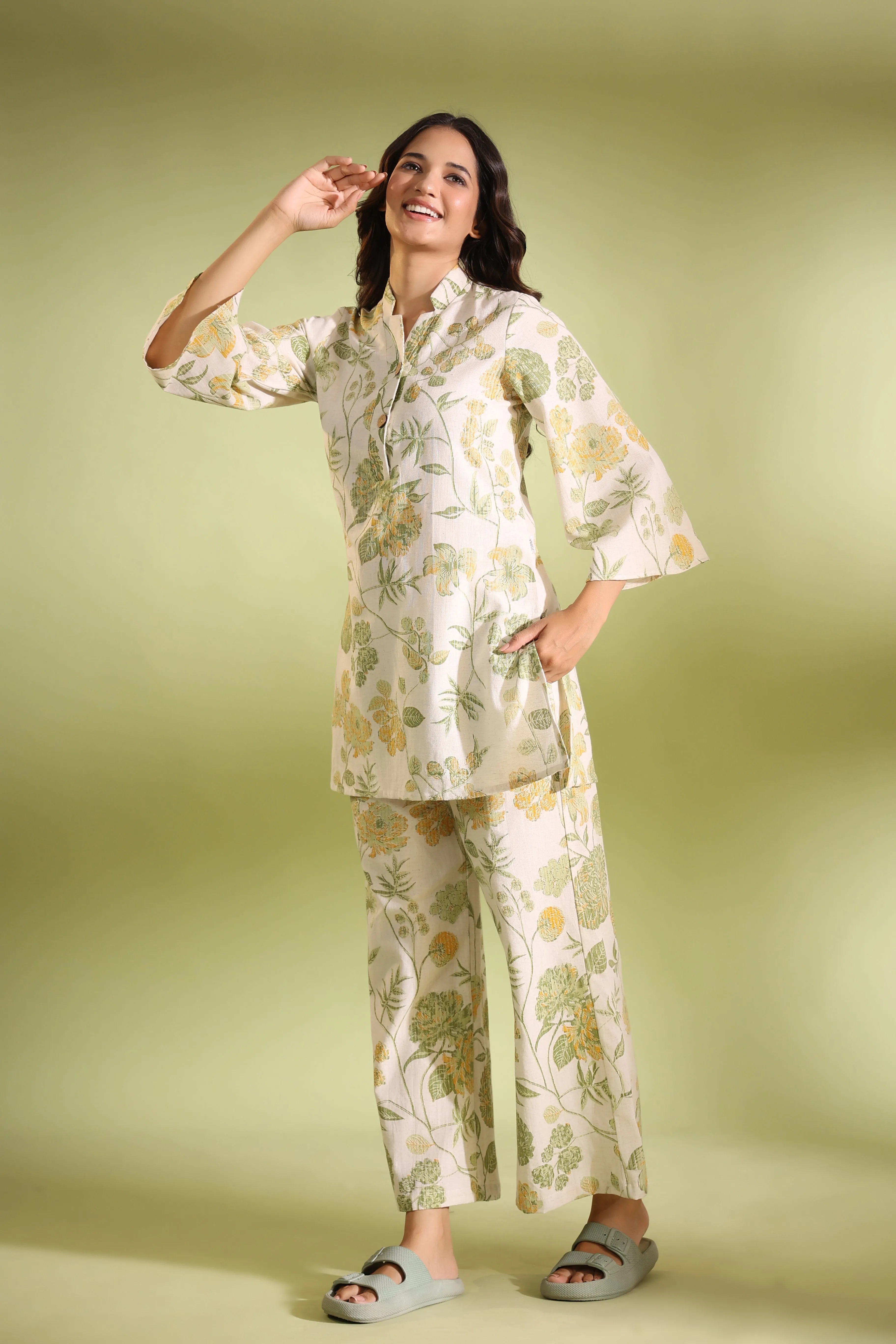 Flora Off White Cotton Flex Palazzo Loungewear Set