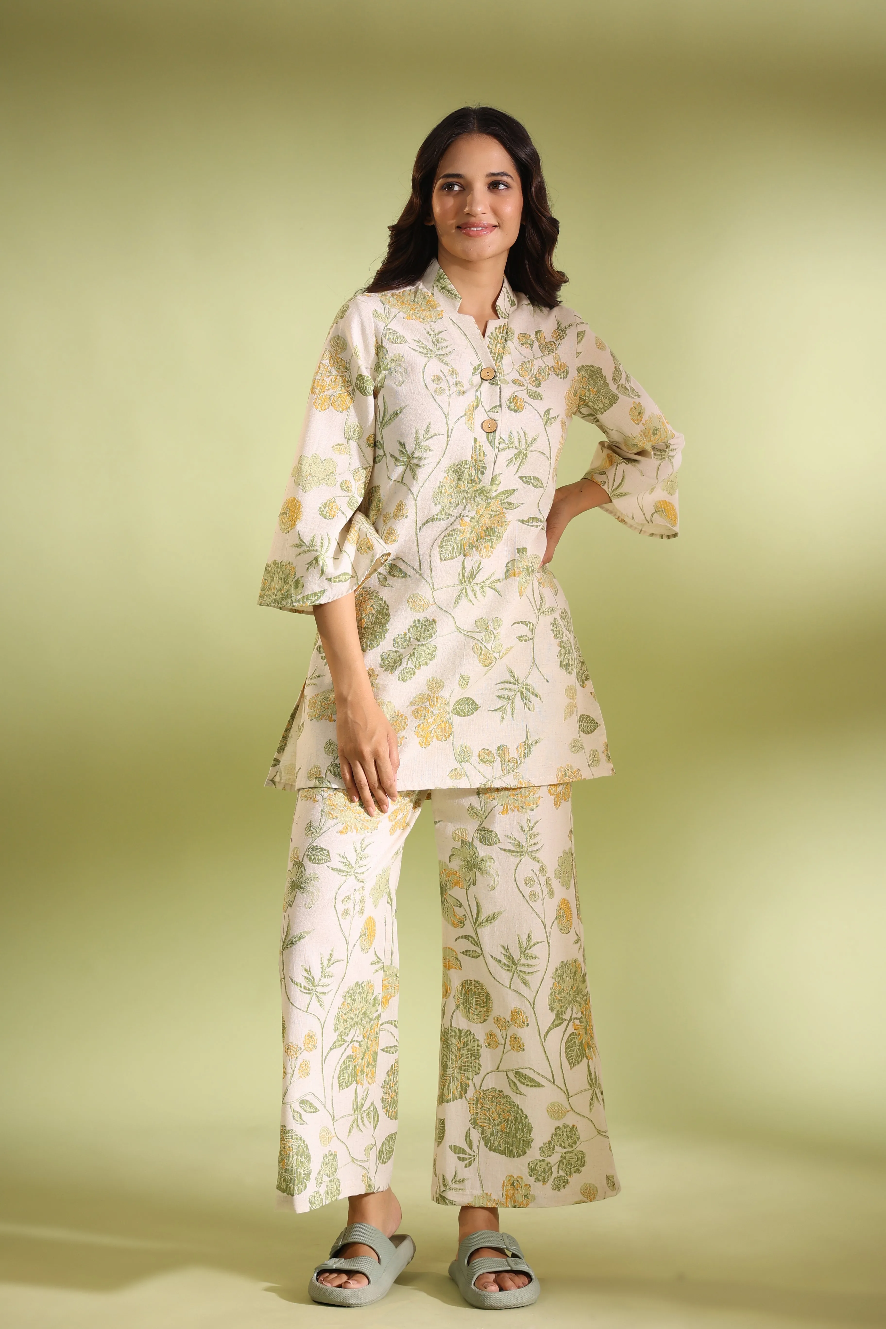 Flora Off White Cotton Flex Palazzo Loungewear Set