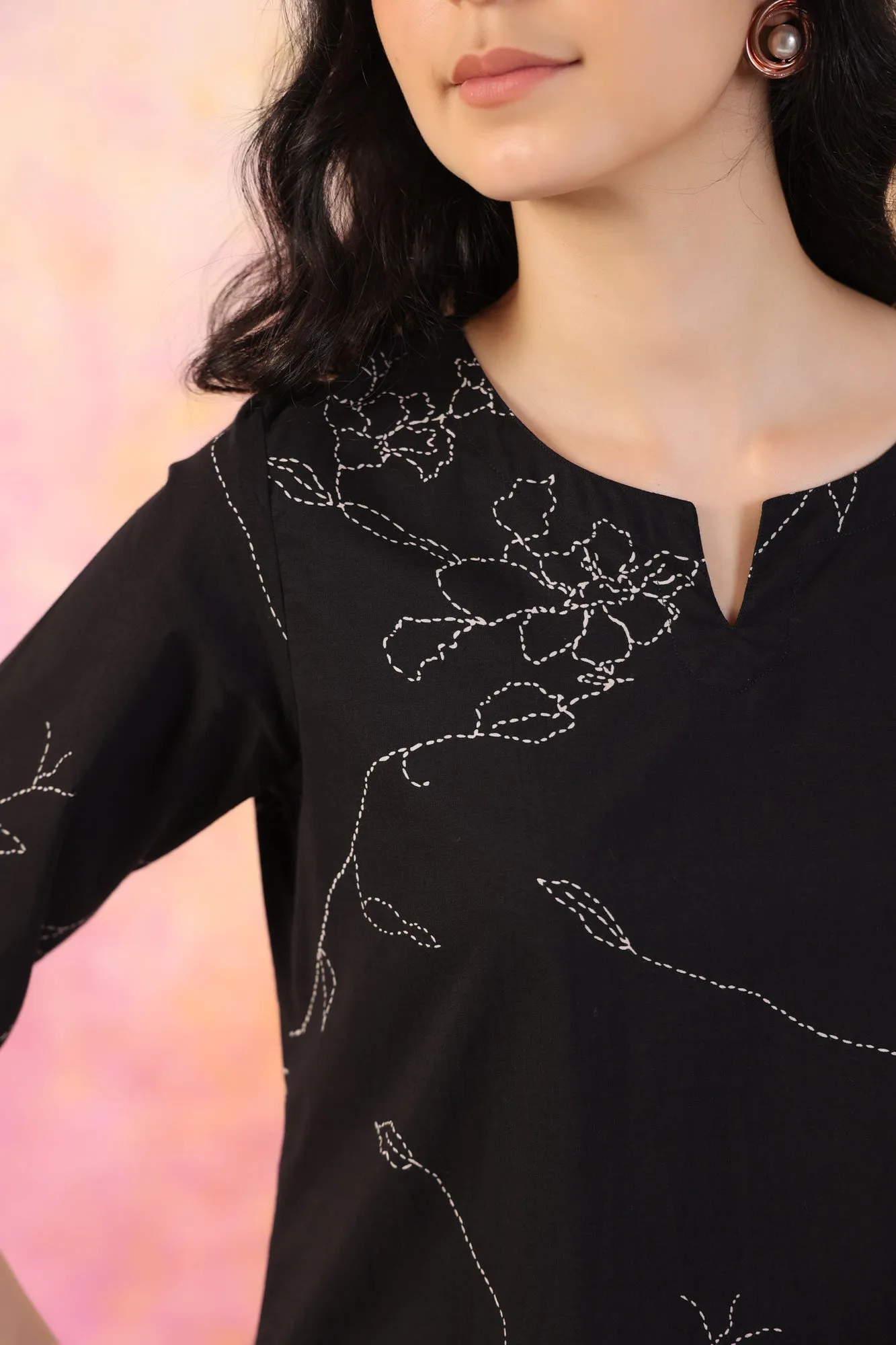 Floral Dots on Black Cotton Palazzo Loungewear Set