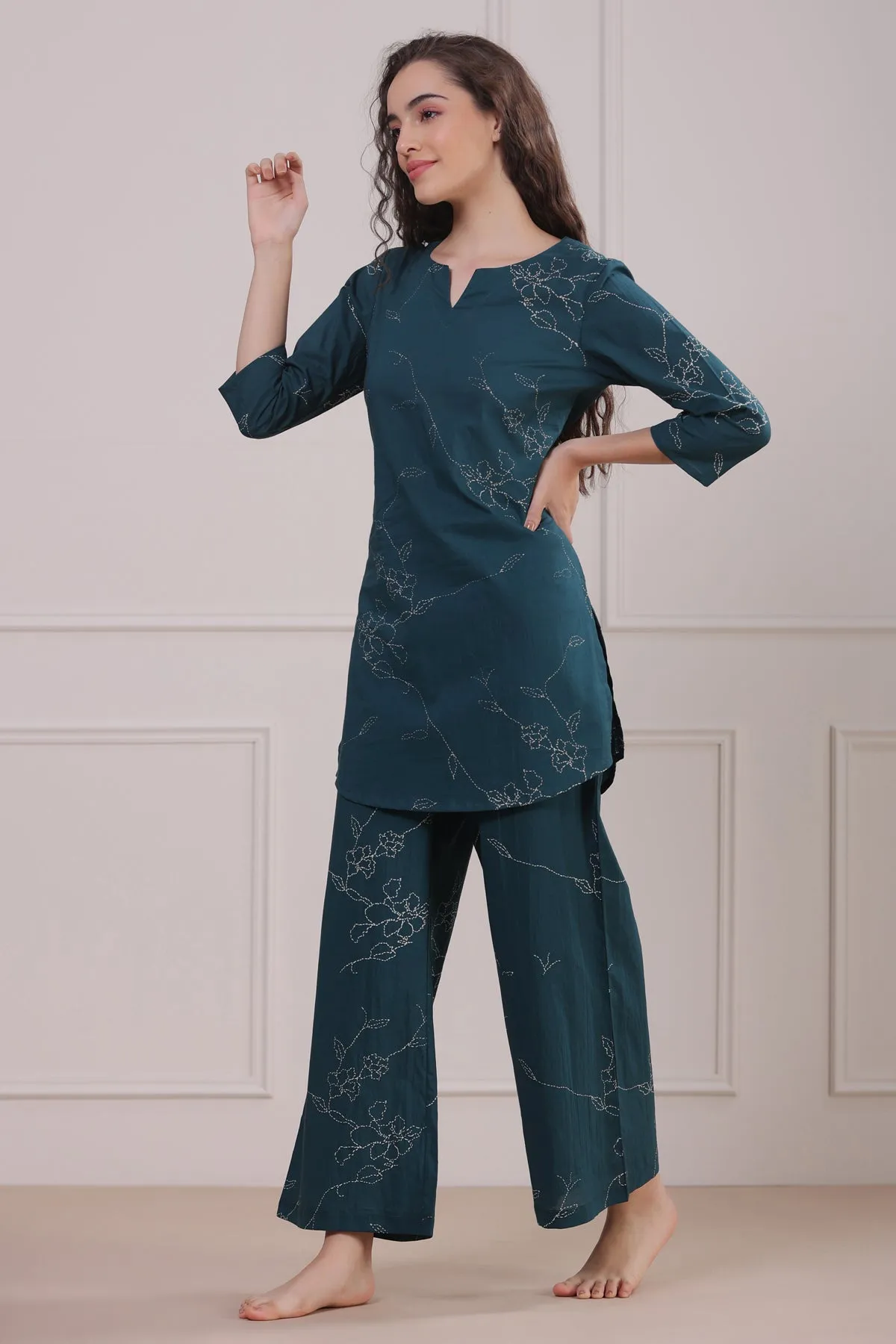 Floral Dots on Emerald Palazzo Loungewear Set