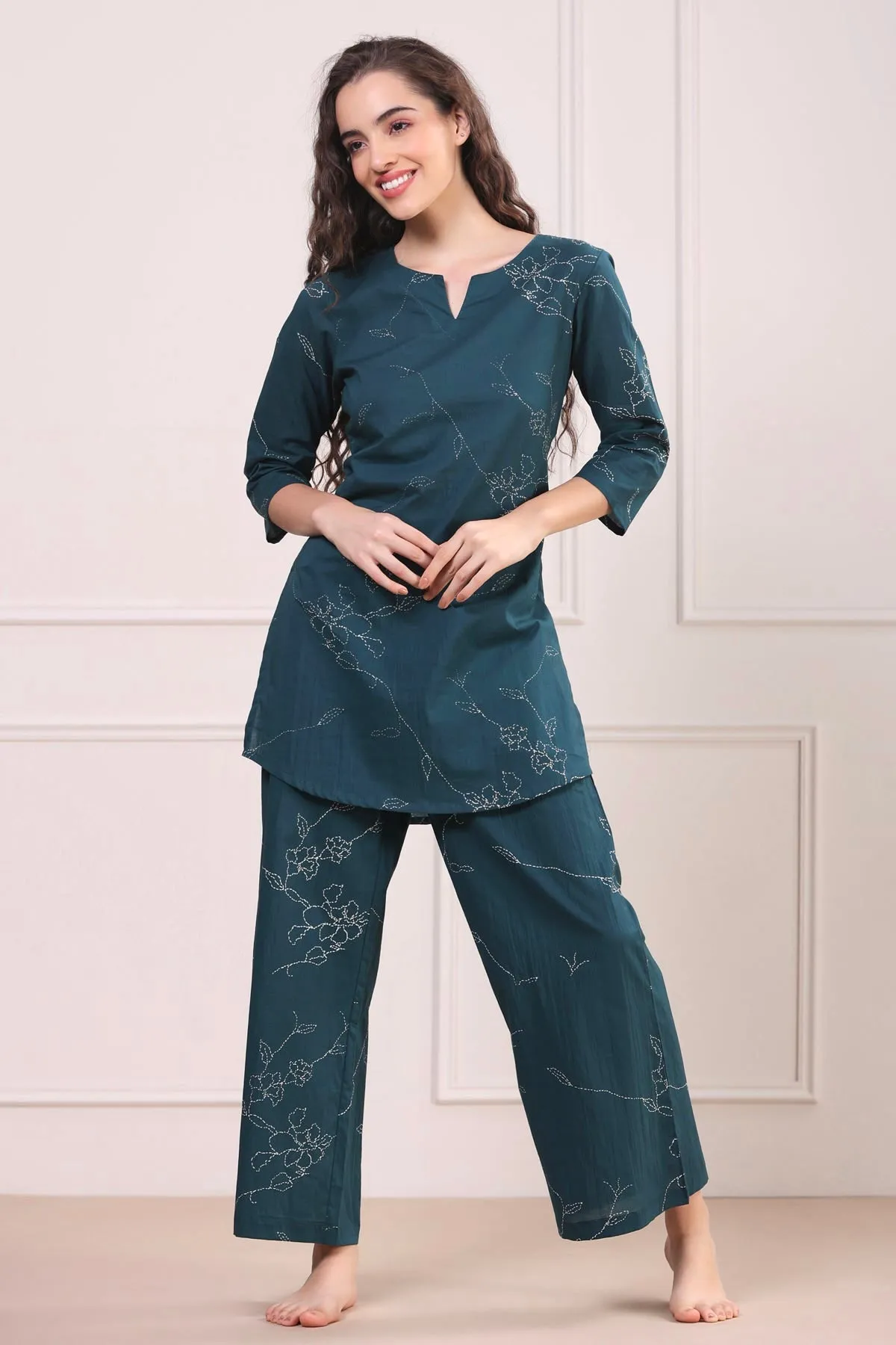 Floral Dots on Emerald Palazzo Loungewear Set