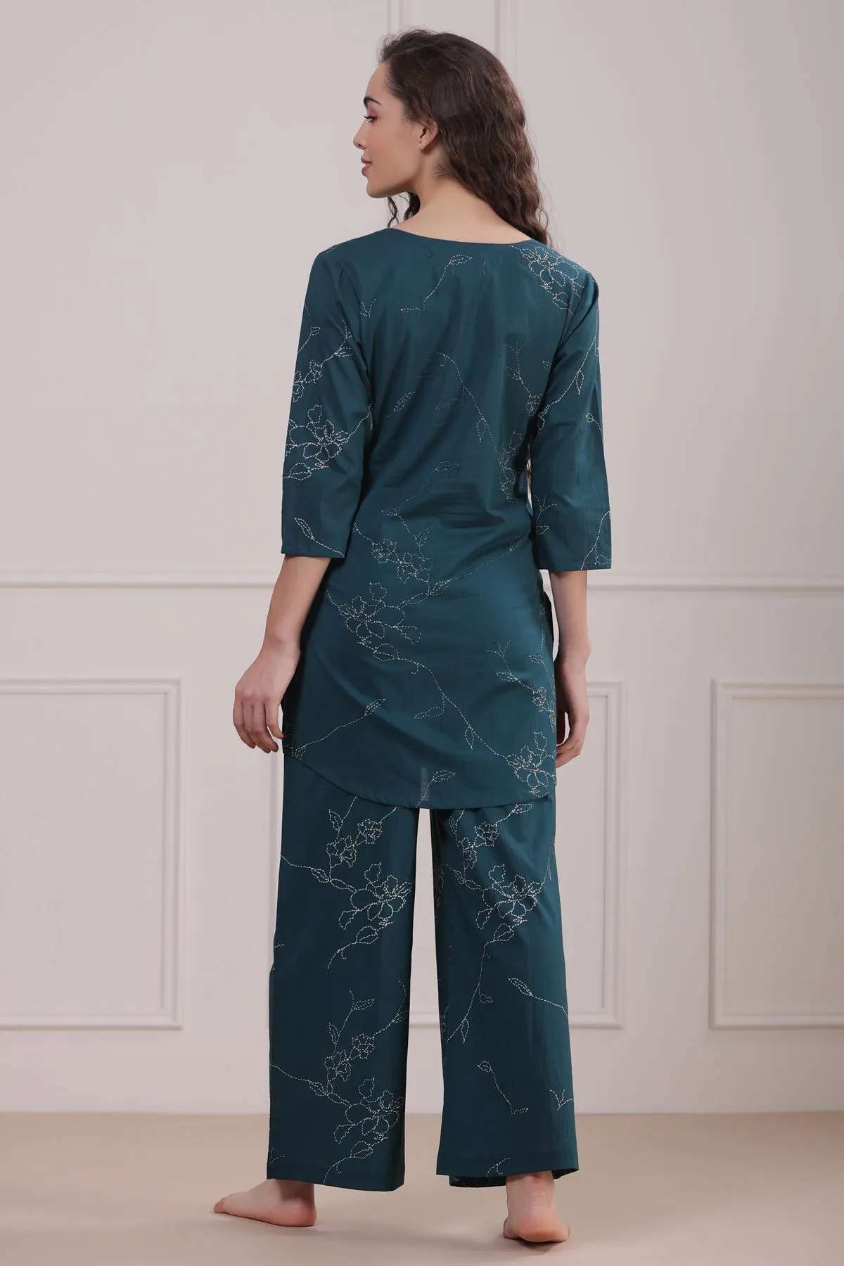 Floral Dots on Emerald Palazzo Loungewear Set