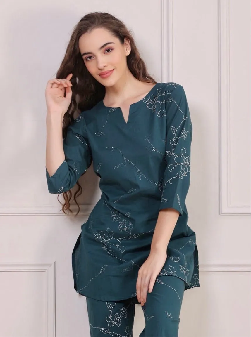 Floral Dots on Emerald Palazzo Loungewear Set